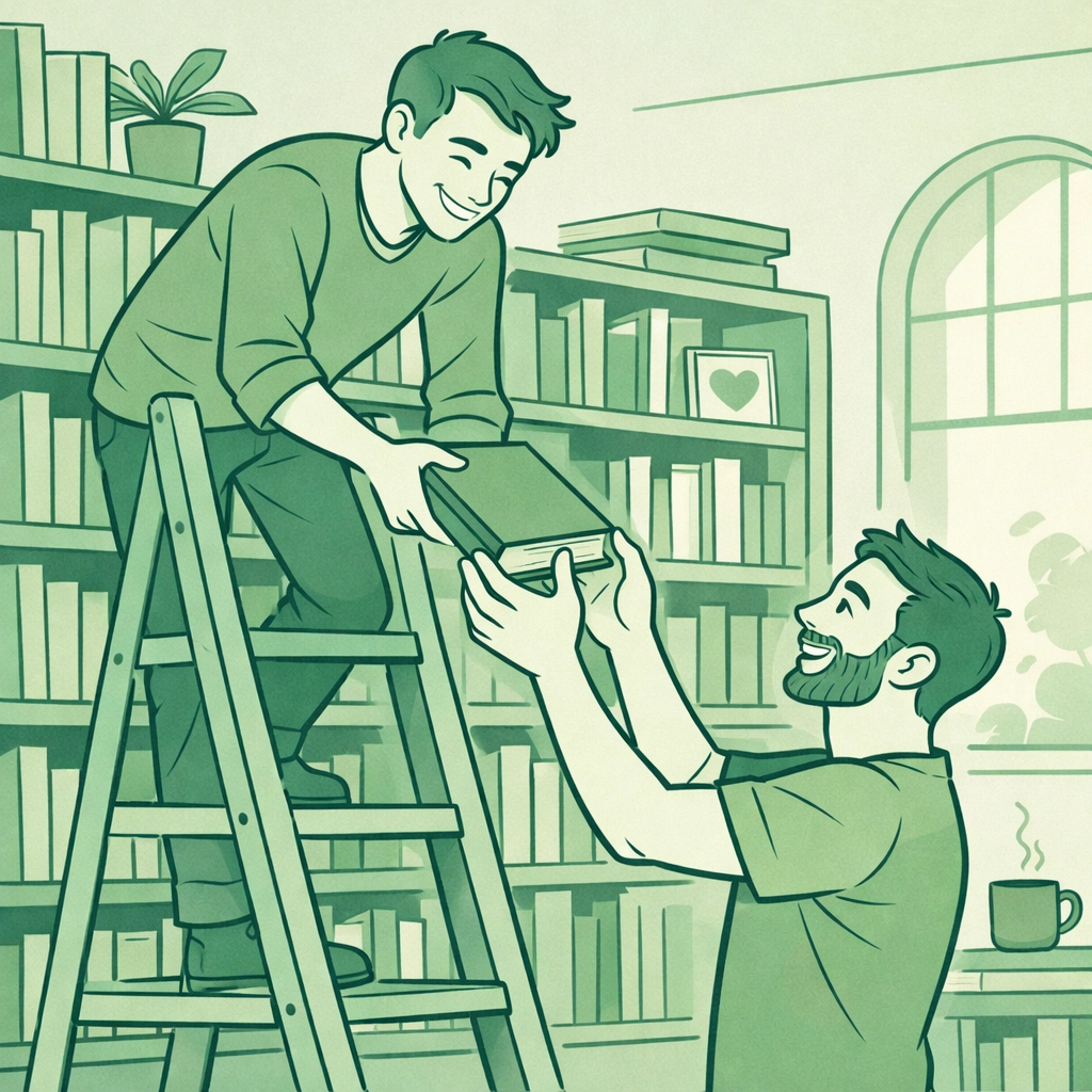 A male couple in a cozy library sharing books, promoting inclusive storytelling and gay authors.