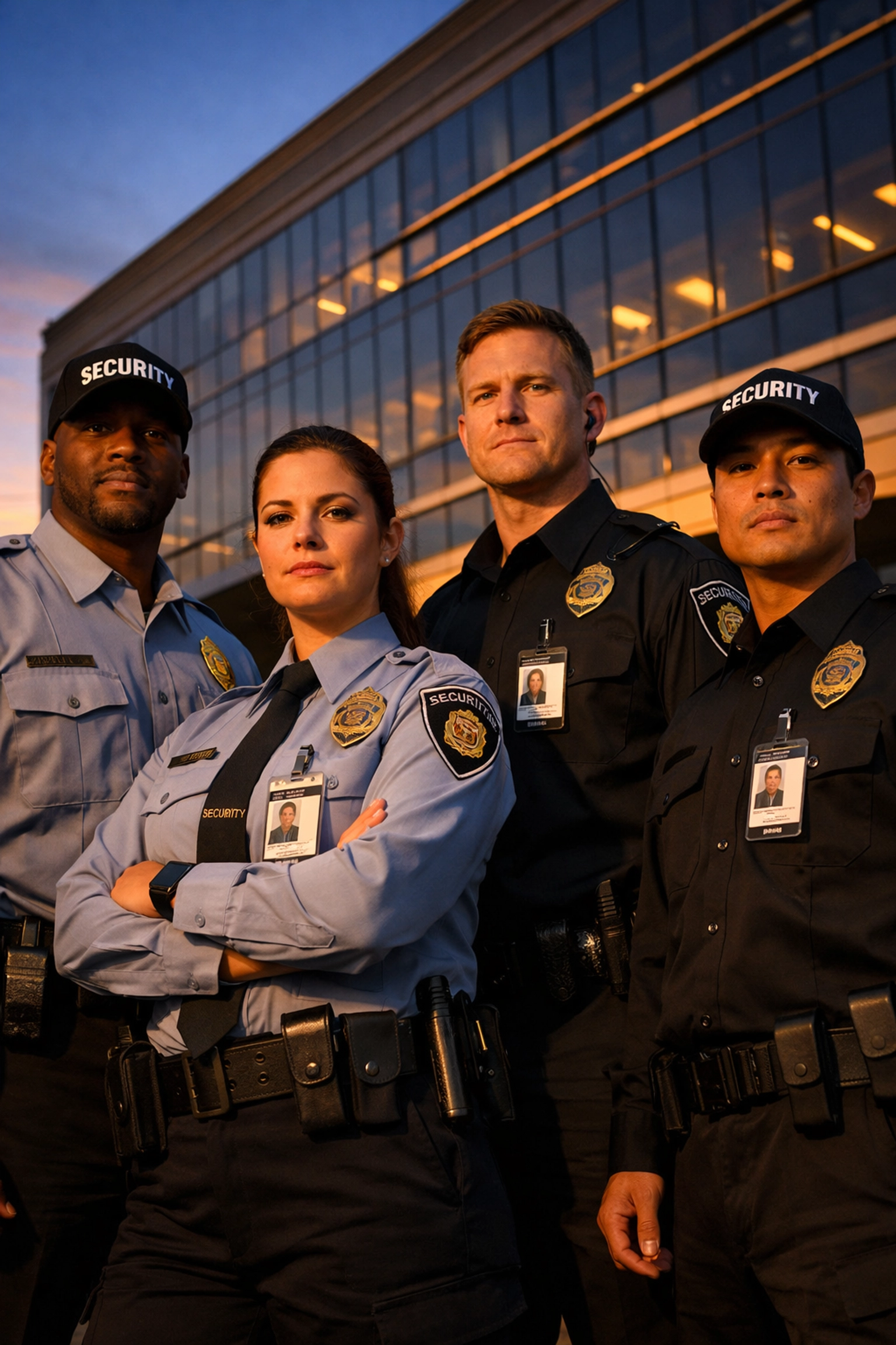 Licensed security guards displaying credentials in front of commercial building