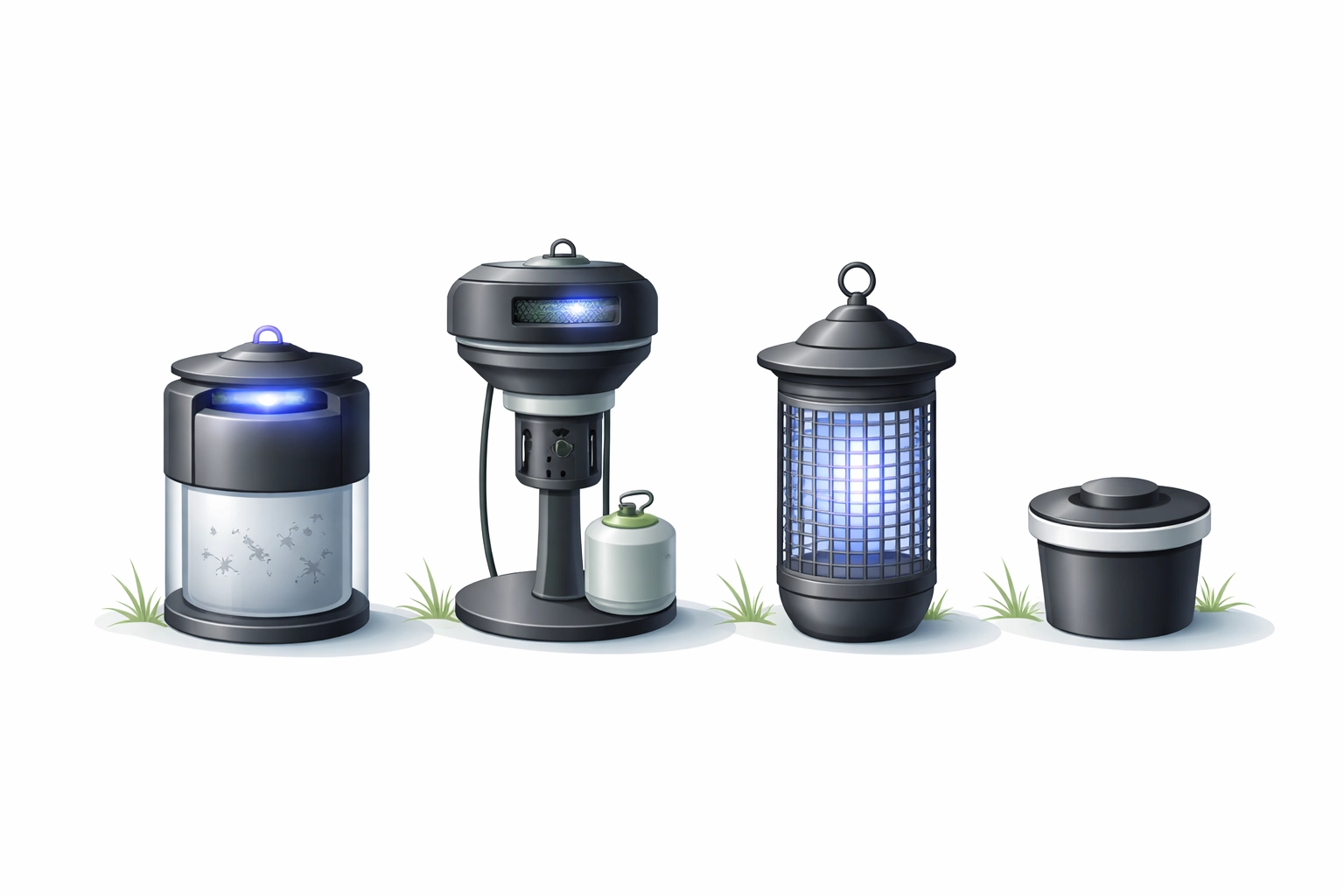 Different mosquito traps including UV, propane, and solar types displayed for backyard pest control comparison.