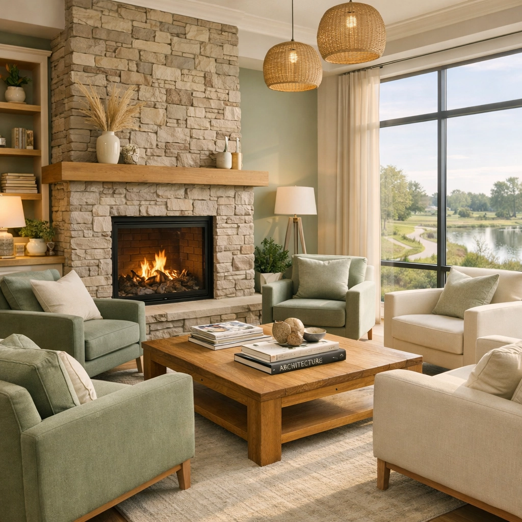 Upscale clubhouse lounge at a Bucks County senior living community with a view of walking trails.