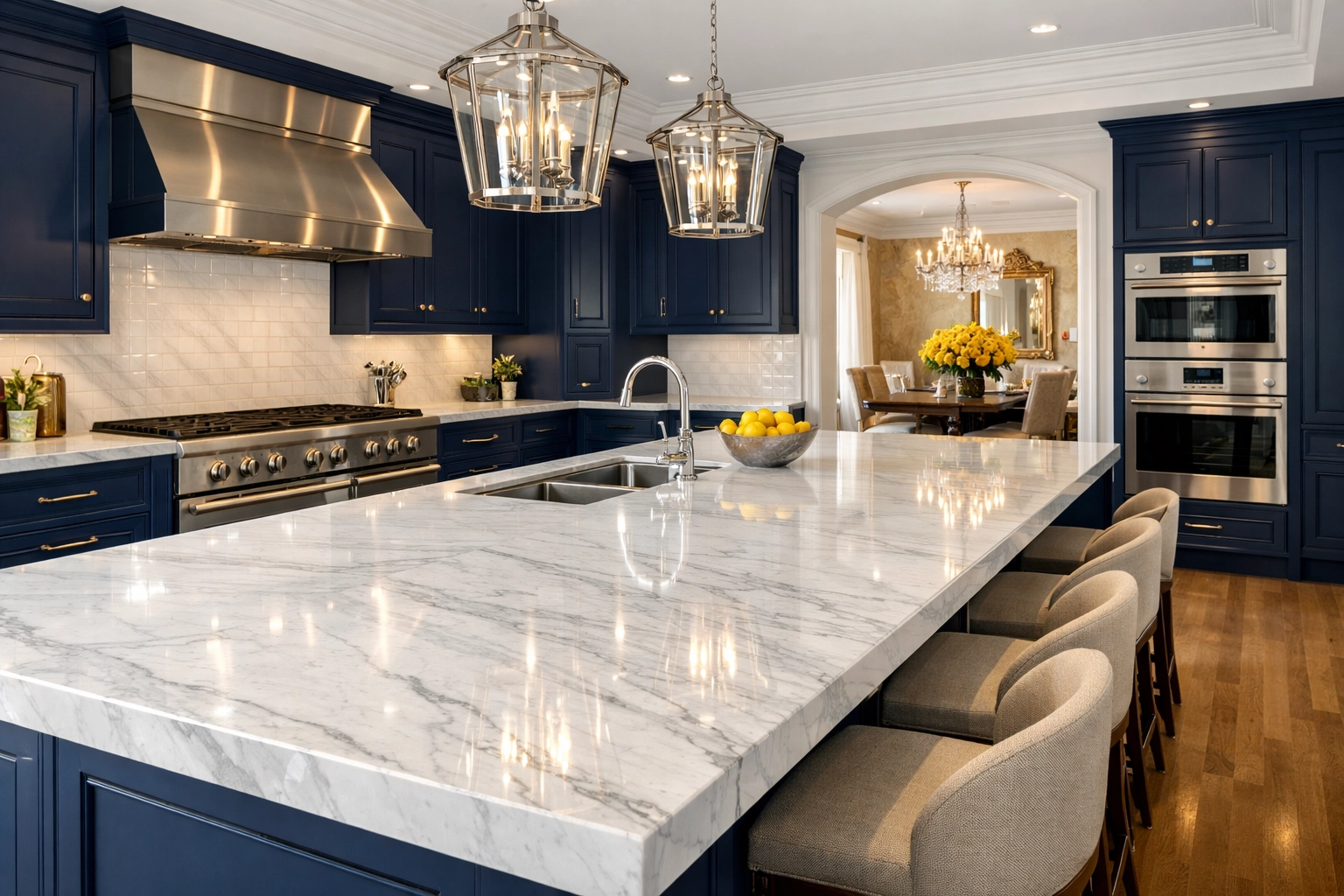 Polished marble island and cabinetry reflecting elite Lexington luxury cleaning and precision.