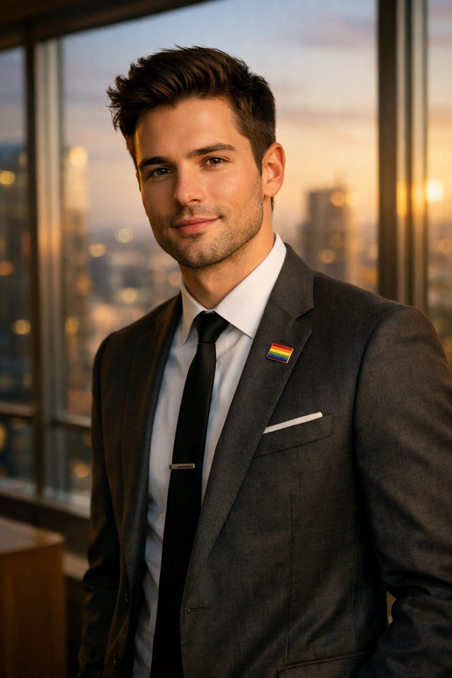A confident gay professional in a suit standing in a modern office, embodying authentic queer leadership.
