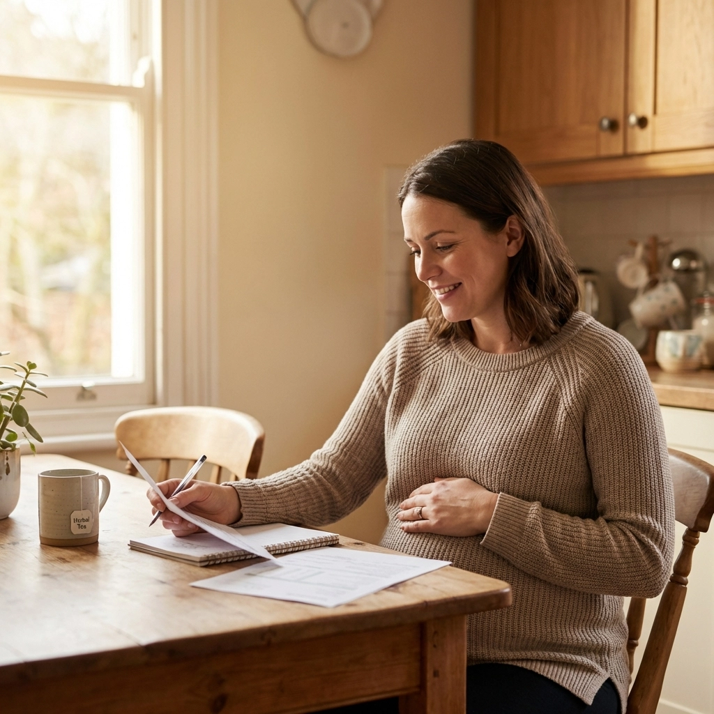 Pregnant woman reviewing surrogacy insurance paperwork at home in Illinois, emphasizing coverage and surrogate protection.