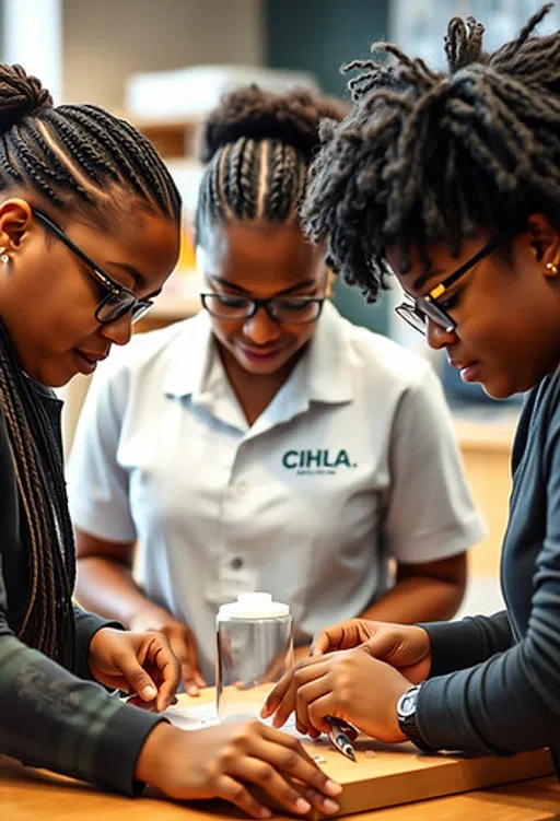 Three middle school students collaboratively working on a hands-on STEM experiment, highlighting student engagement and teamwork.