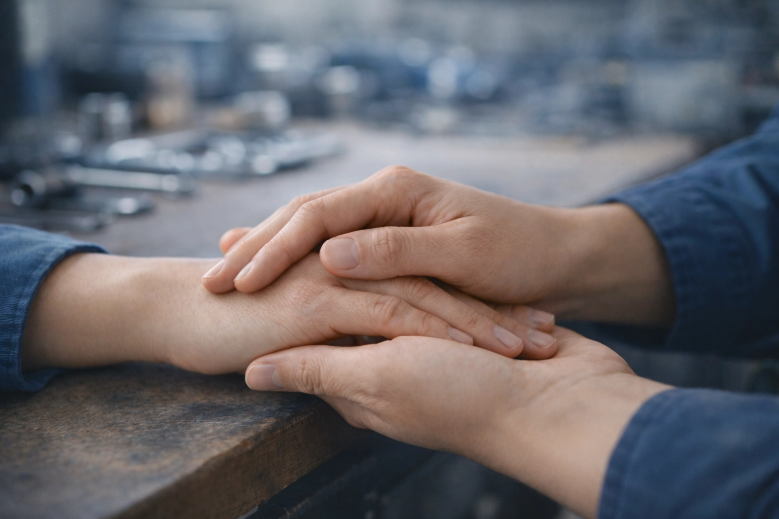 Close-up of supportive hands symbolizing empathy and peer connection in addiction recovery.