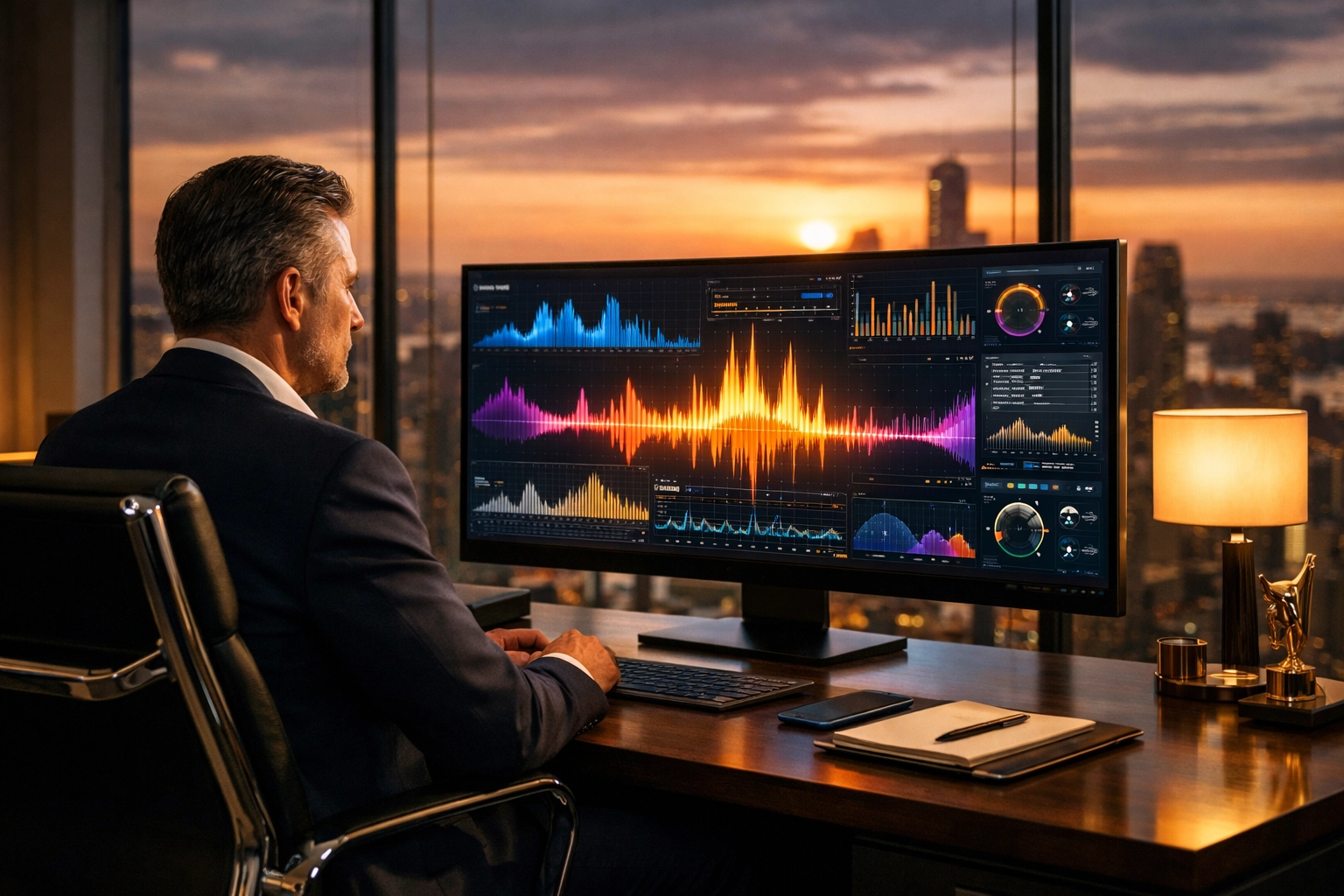 Music professional monitoring AI-generated audio waveforms and licensing data in a modern office.
