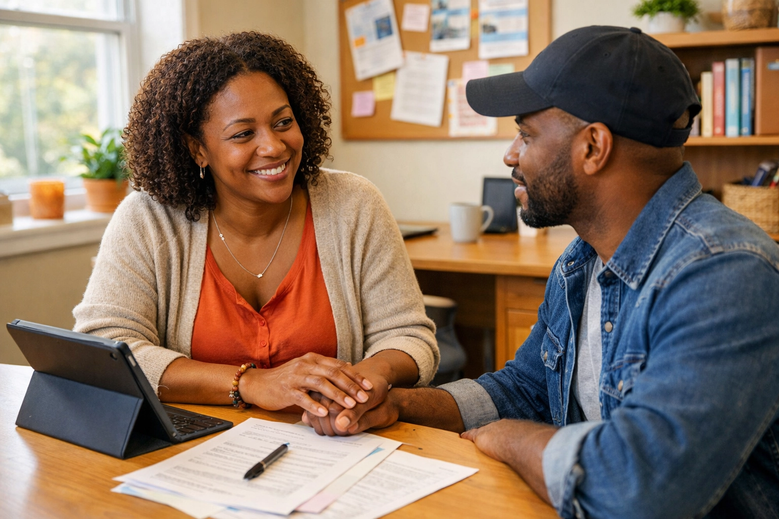 A dedicated case manager provides supportive housing guidance to a Black resident in Burlington County.