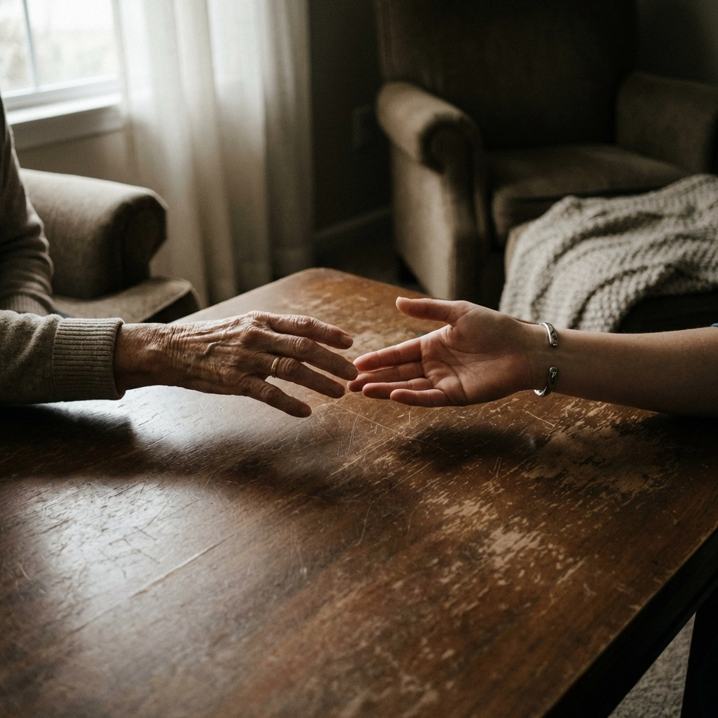 Close-up of two hands, one younger and one older, nearly touching on a table, symbolizing the struggle of setting boundaries while staying connected during addiction recovery.