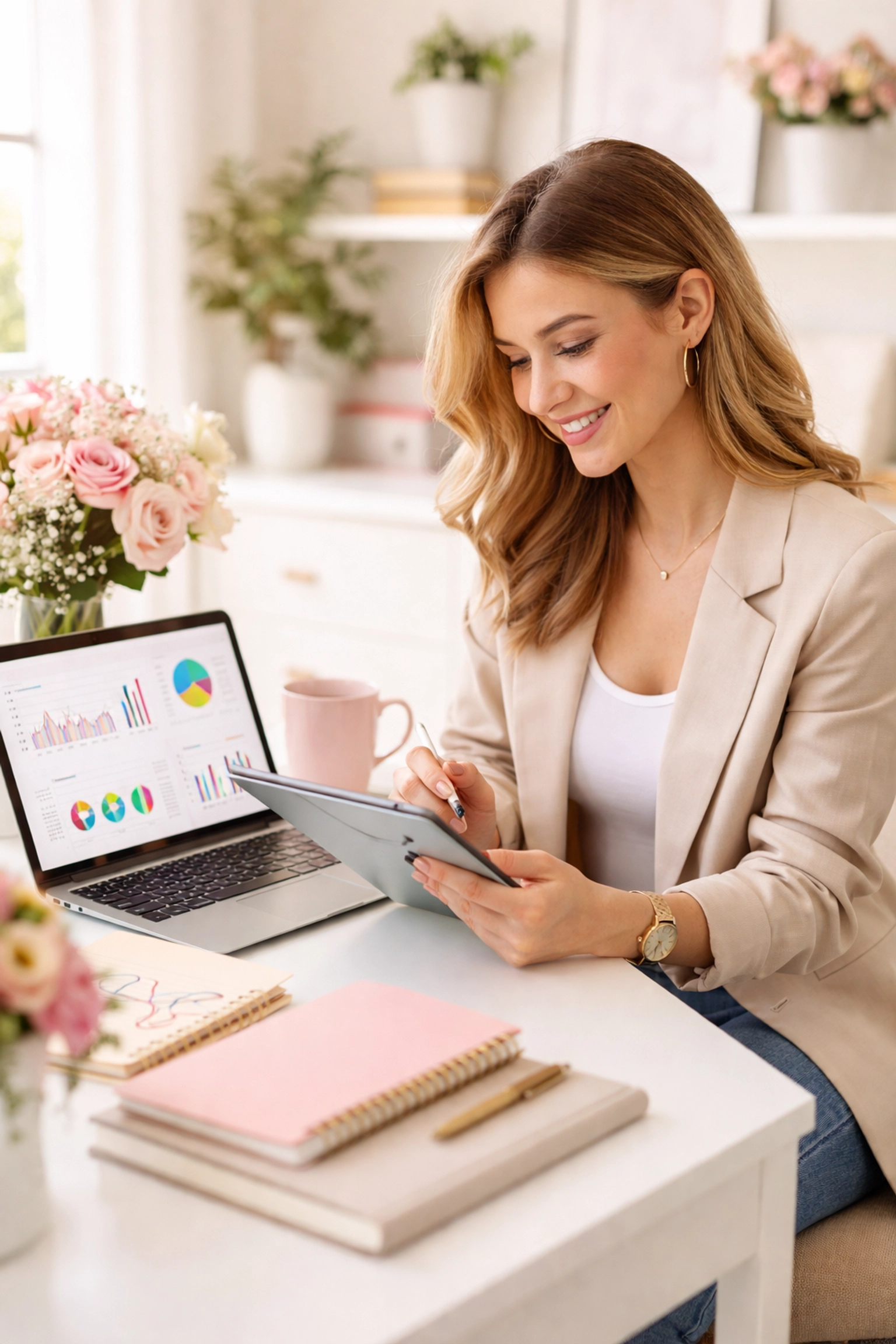 Female entrepreneur reviewing lead generation analytics in a bright, inviting home office