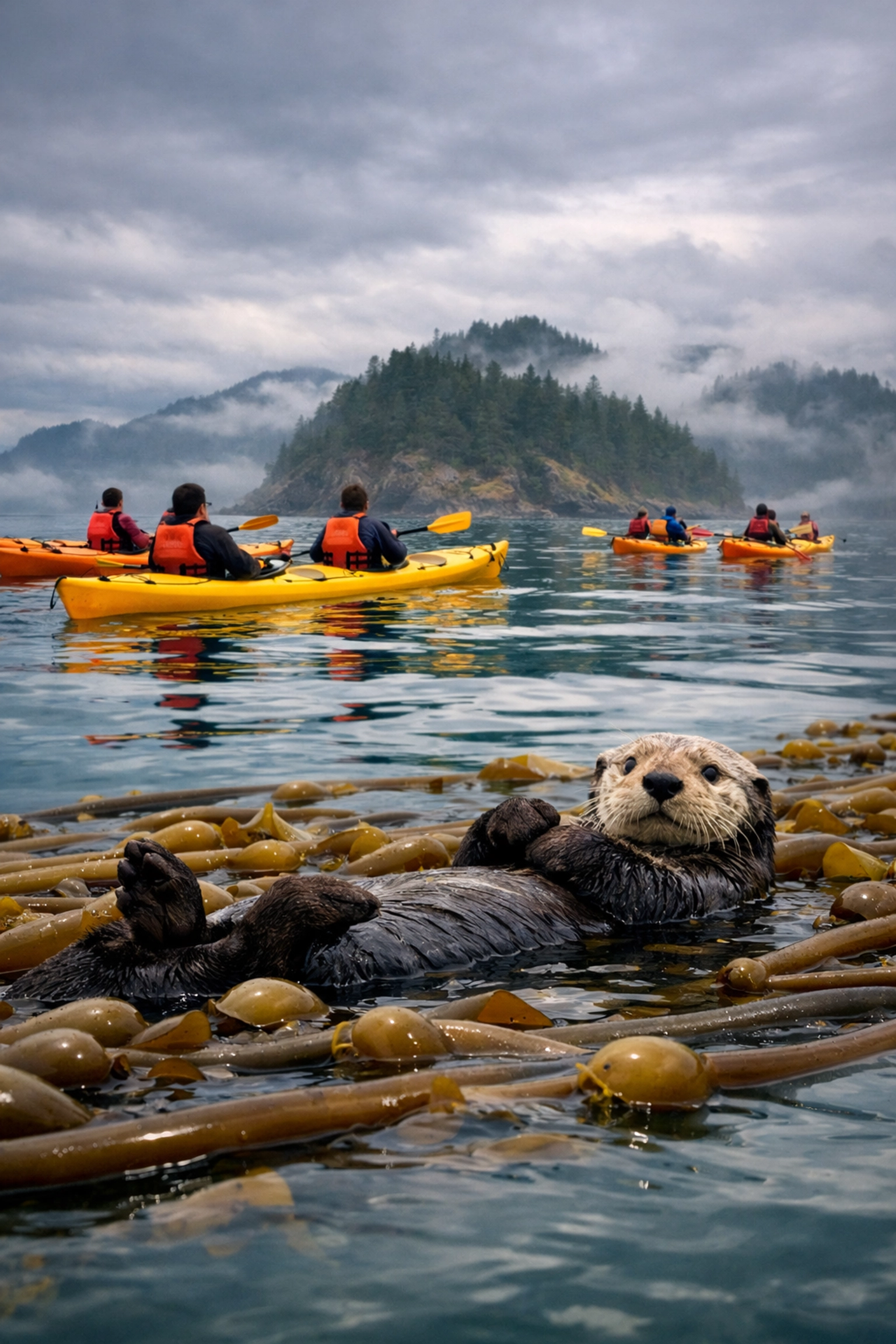 Students kayaking in the San Juan Islands near a sea otter in a bull kelp forest.