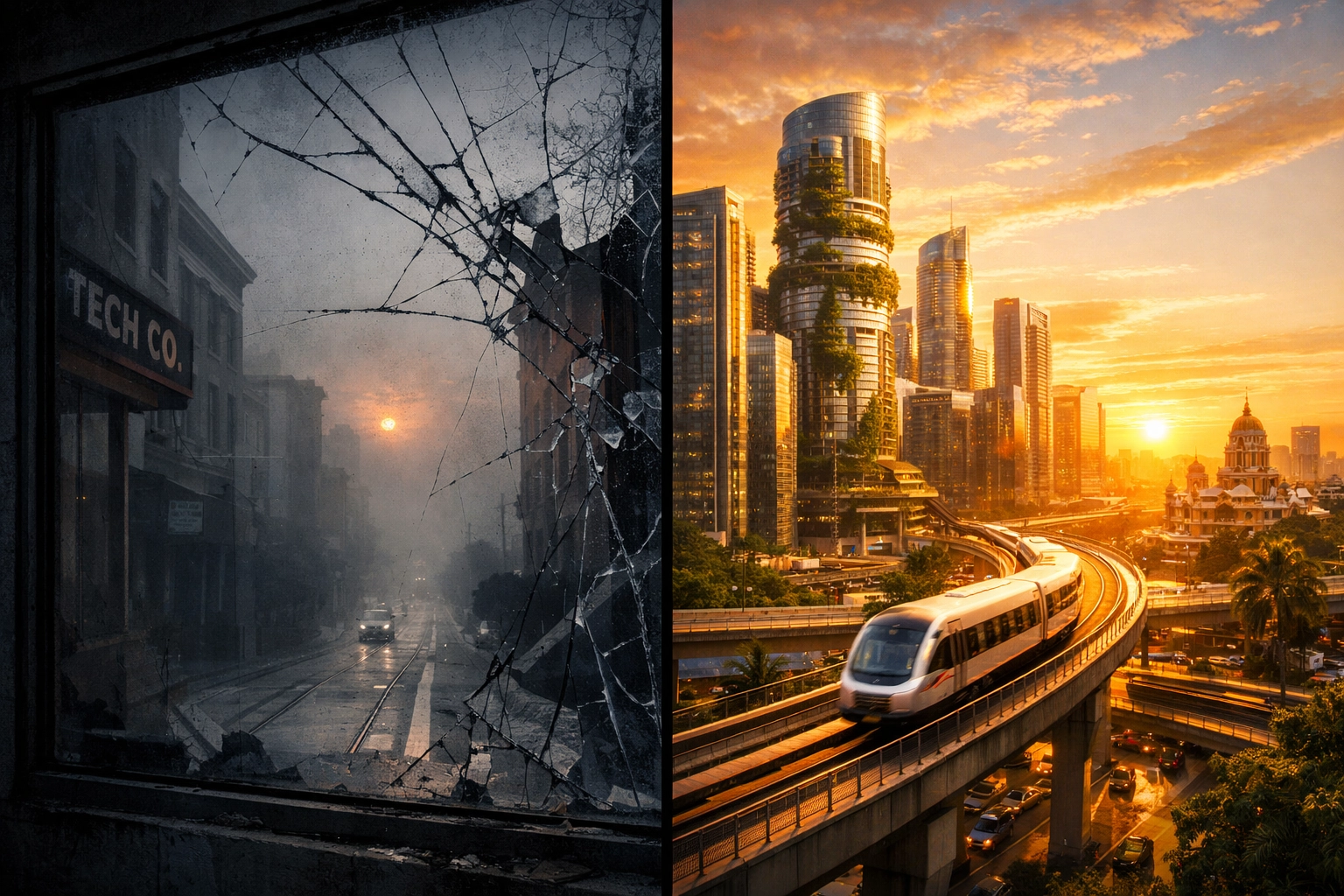 Split screen showing San Francisco tech offices and the booming Economy of India in Bengaluru's skyline.