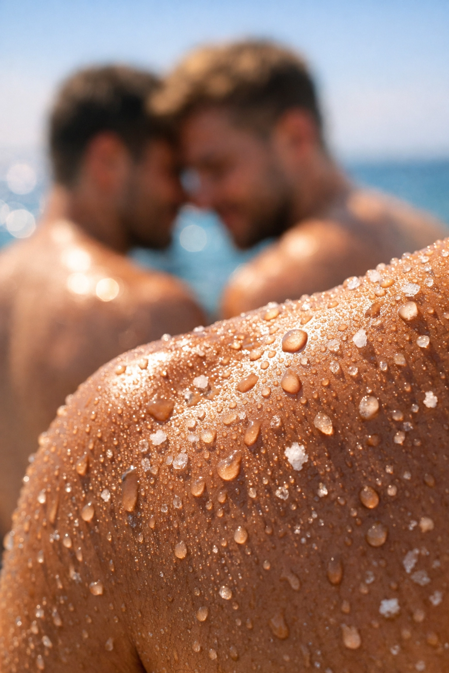 Ocean spray and saltwater on bare skin at clothing-optional coastal retreat