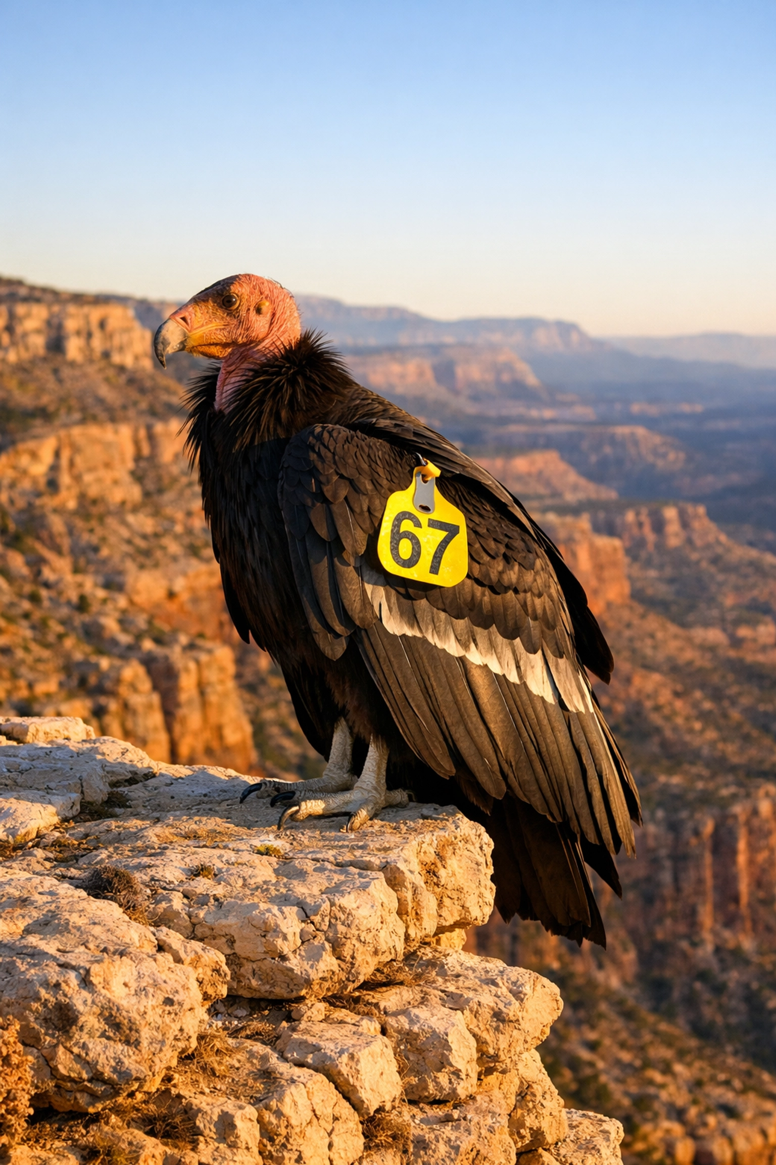 California Condor with a wing tag in a conservation setting, highlighting species recovery efforts.