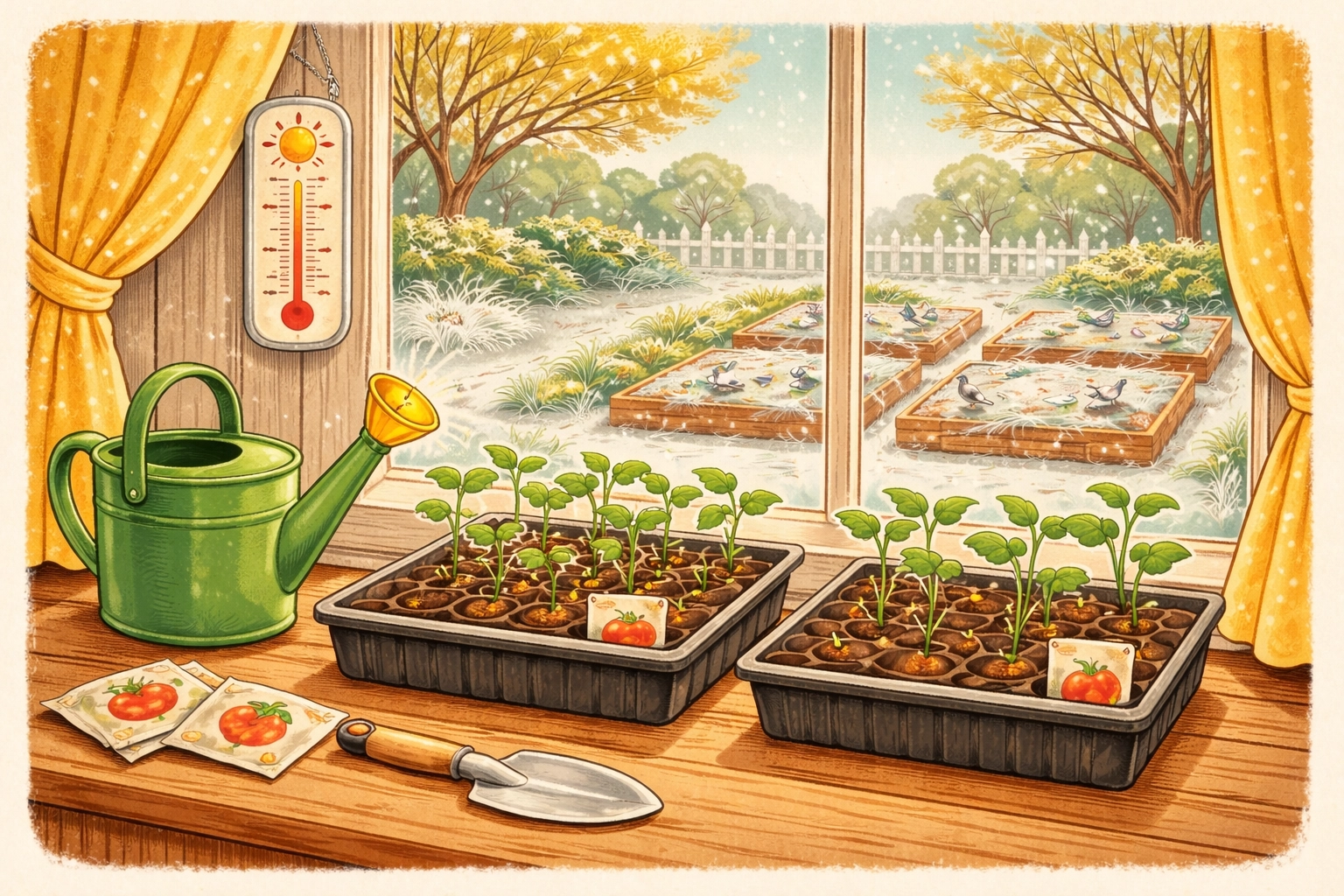 Whimsical 1950s-style storybook illustration of indoor seed-starting trays by a sunny window with frosty garden beds outside and a flat thermometer, no text.