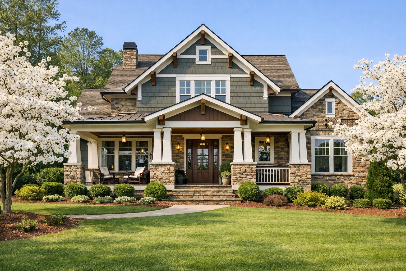 A professional view of a North Georgia craftsman-style home, showcasing spring real estate inventory and curb appeal.