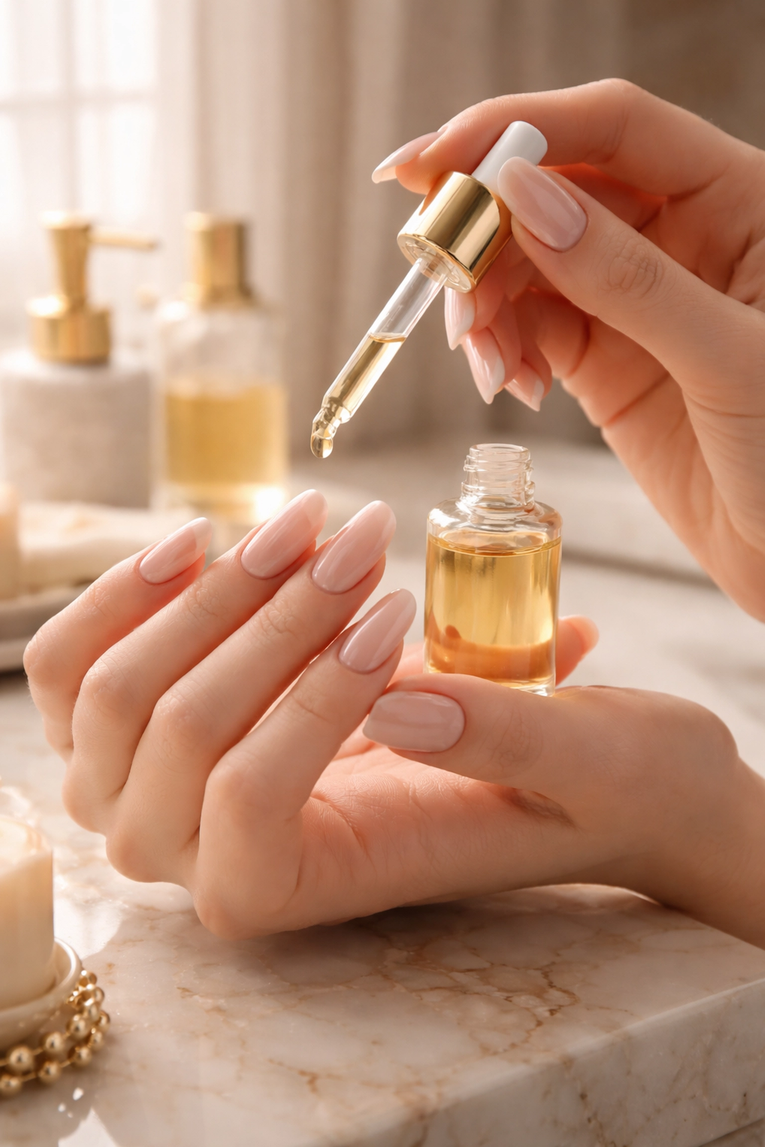Woman applying cuticle oil to glossy nude Russian gel manicure at an elegant bathroom vanity