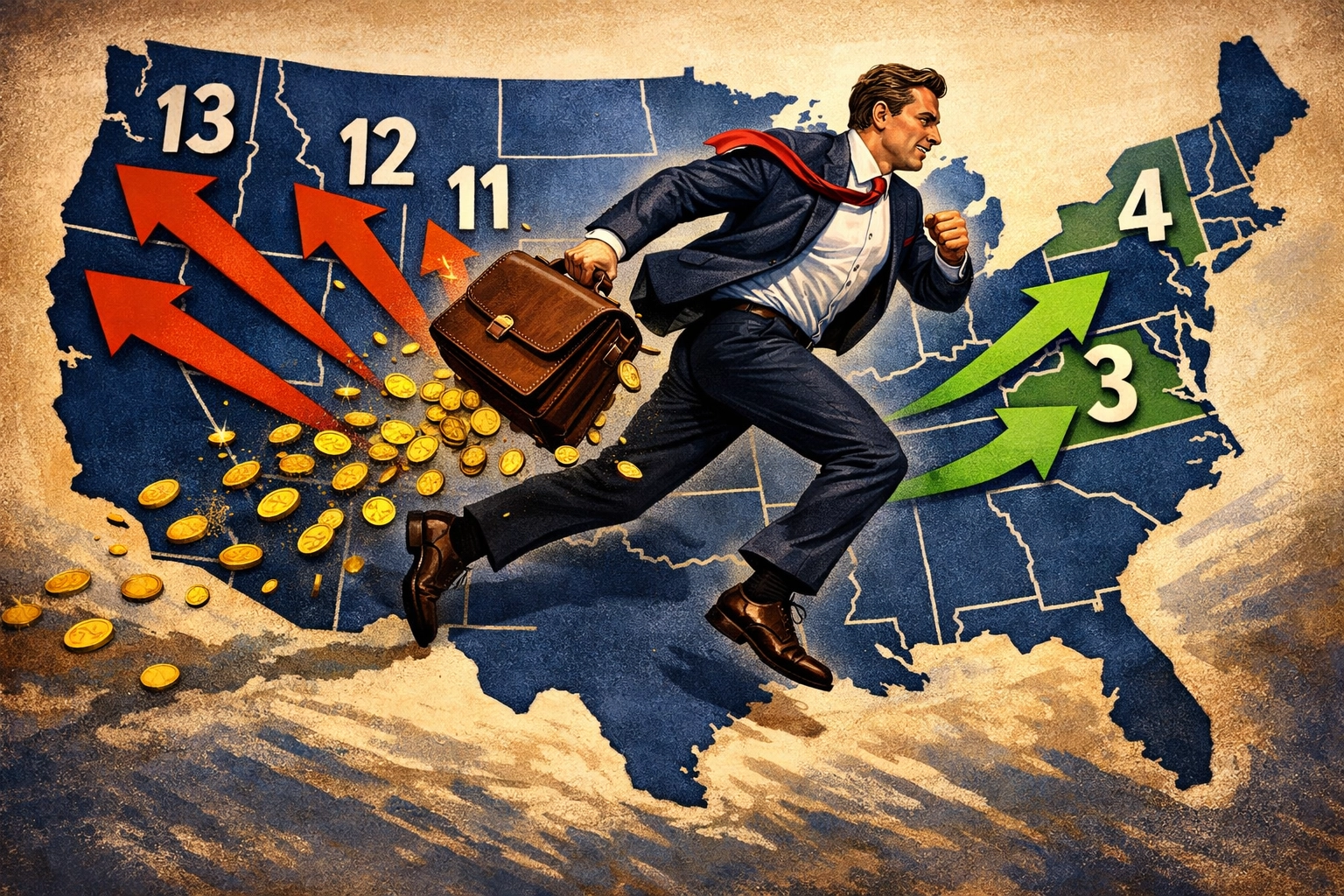 Wealthy businessman fleeing high-tax states with money illustrating tax avoidance behavior