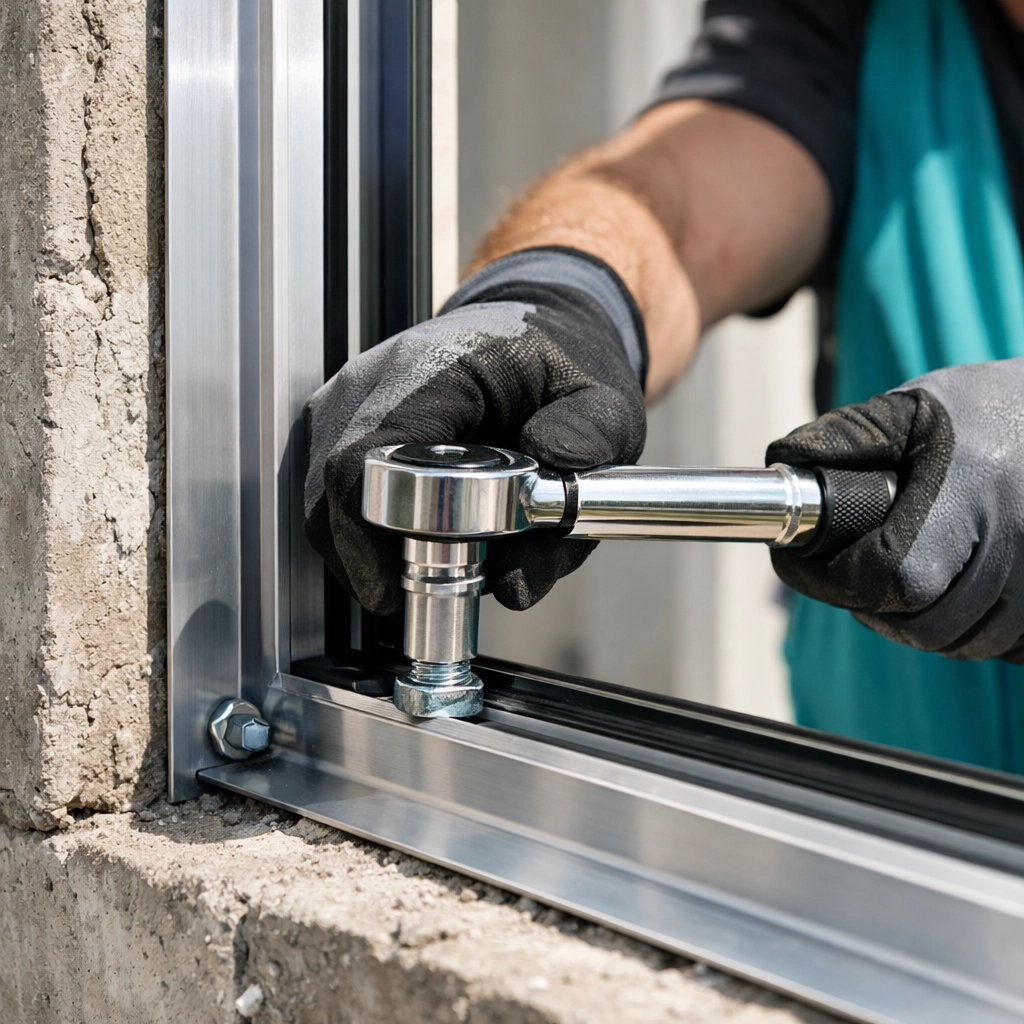 Licensed contractor installing impact windows Florida with torque wrench securing anchor bolts