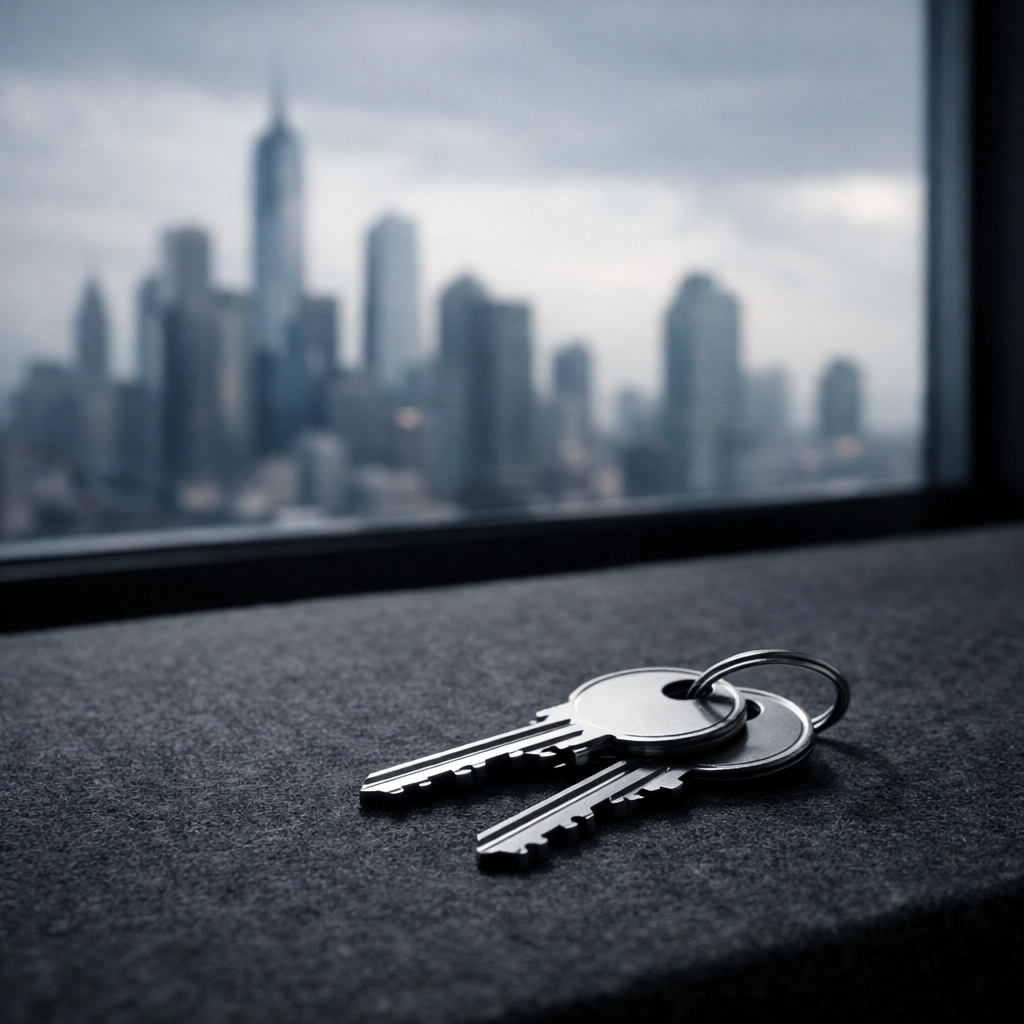 Two silver keys against a city backdrop representing exclusive local chiropractic market territory.