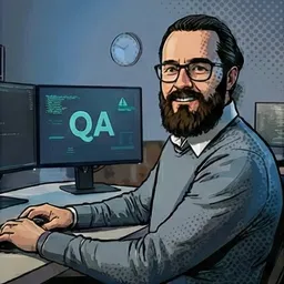 Engineer at a workstation conducting AI quality assurance, with “QA” displayed on a central monitor.