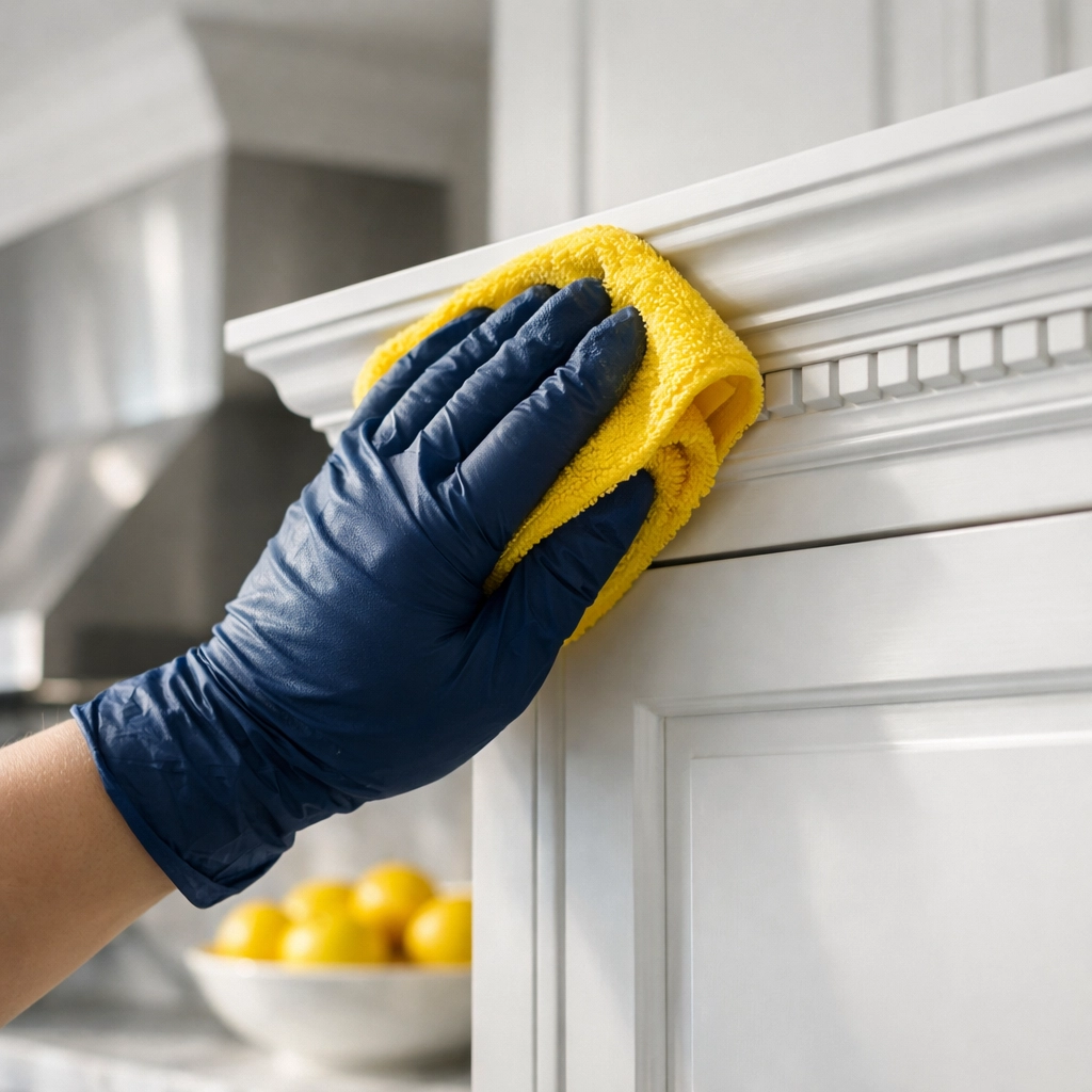 Professional cleaner detailing kitchen cabinets during a deep cleaning service in Brookline.