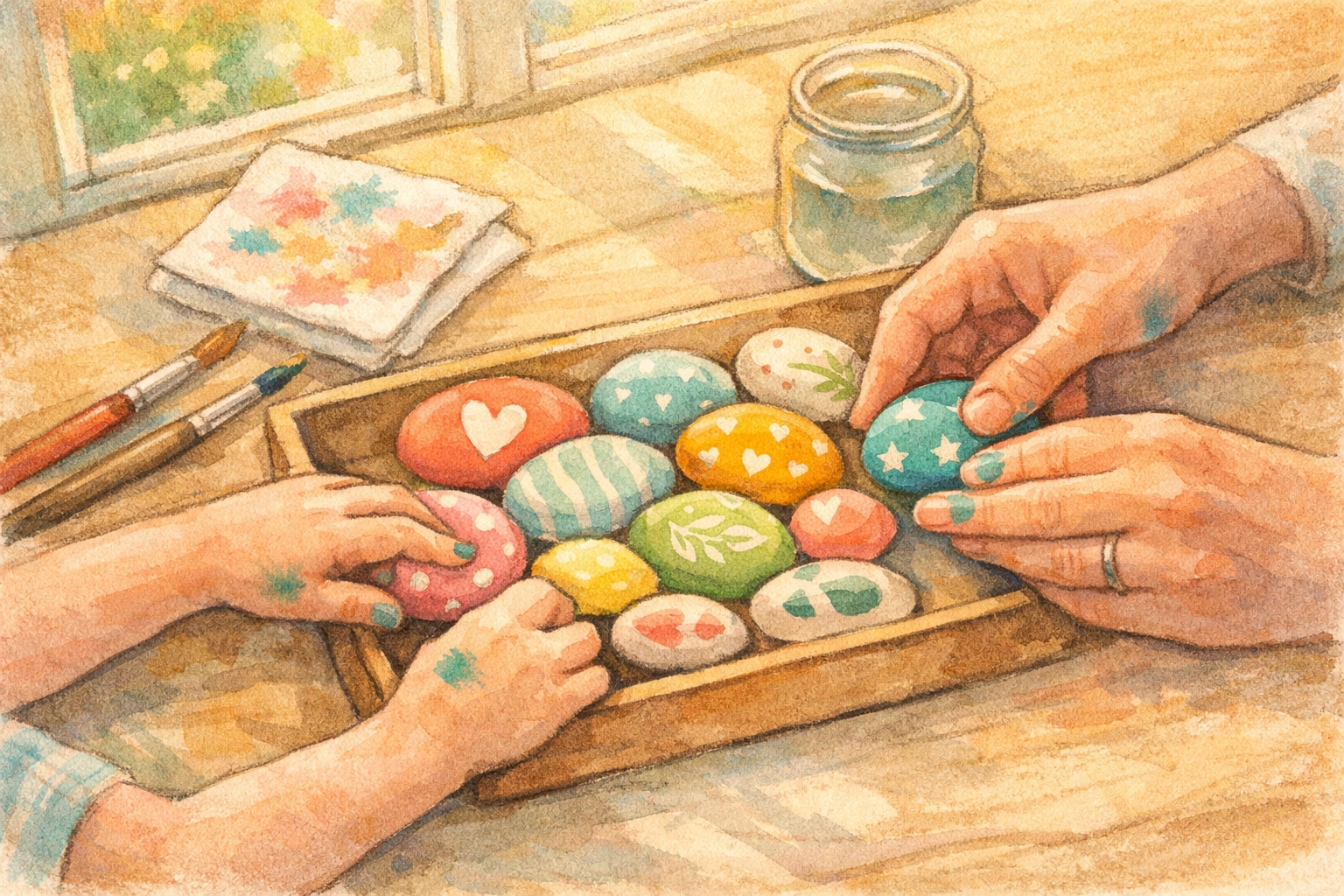 Parent and child hands arranging painted memory stones, a simple family faith activity from Joshua 4