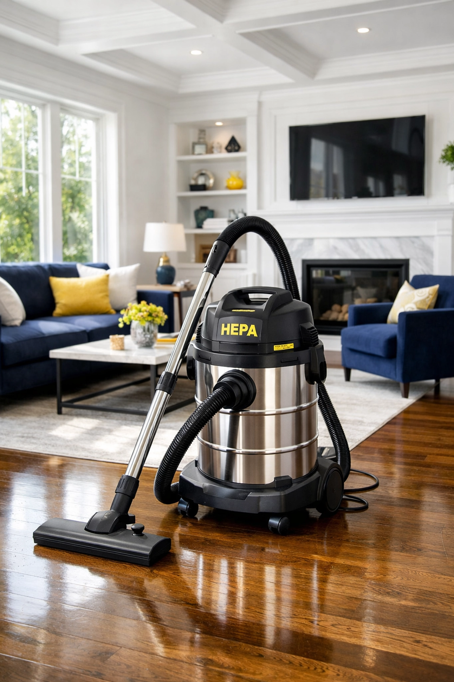 Industrial HEPA vacuum on a polished hardwood floor after a deep cleaning post-renovation.