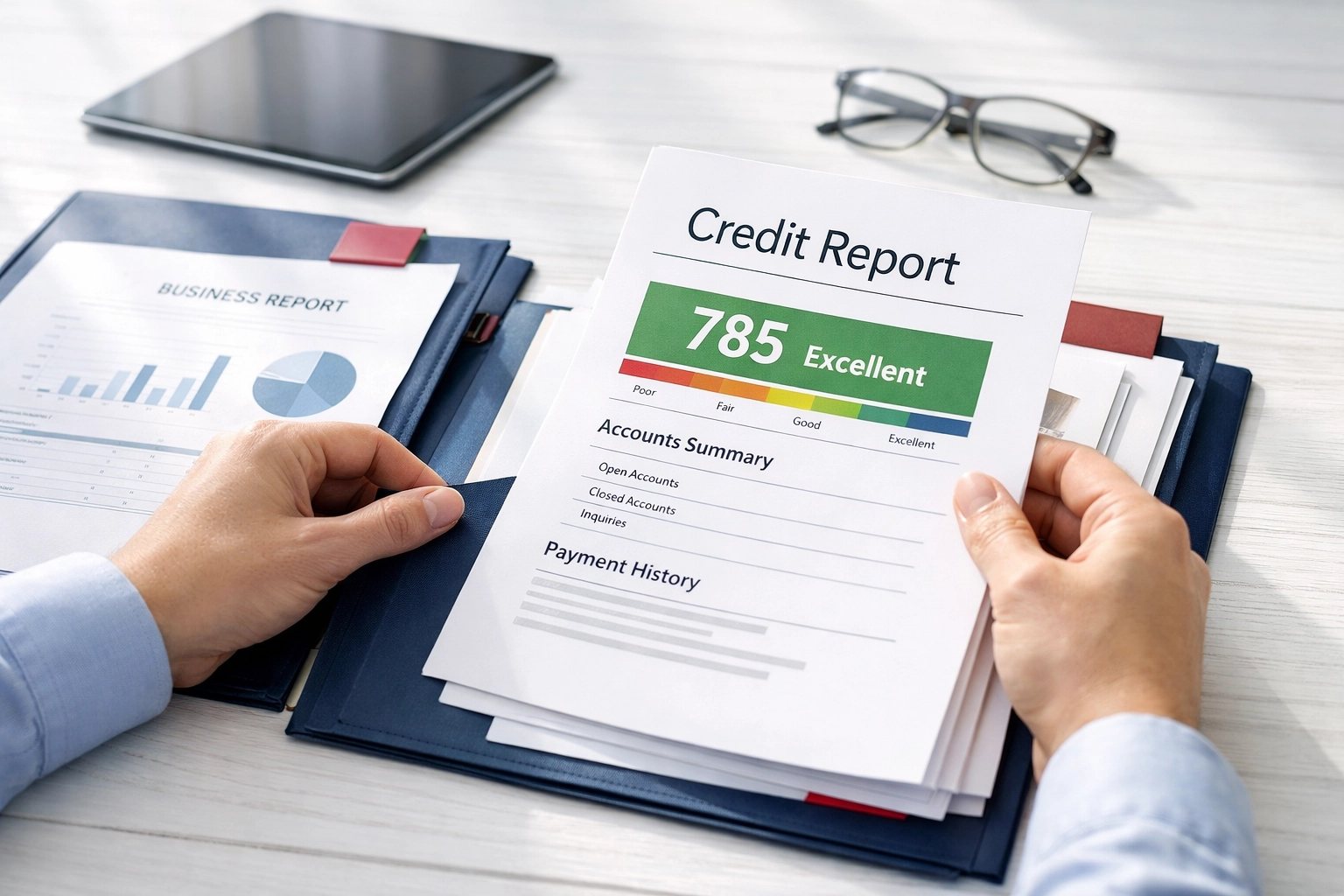 Close-up of a person organizing a credit report and dispute documentation on a clean white desk.