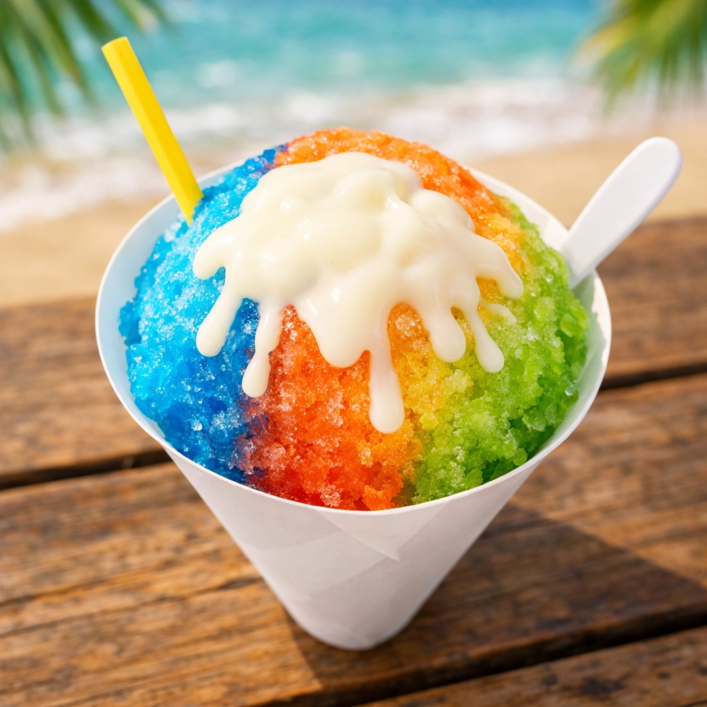 Traditional Hawaiian shave ice with colorful syrups and condensed milk on Kauai