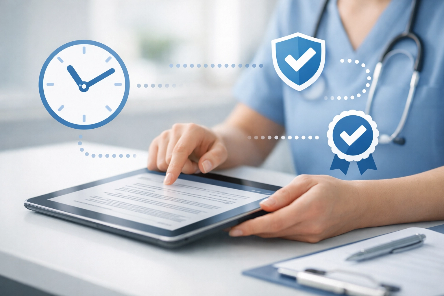 Healthcare professional using tablet for automated DD214 verification in SNF admissions workflow