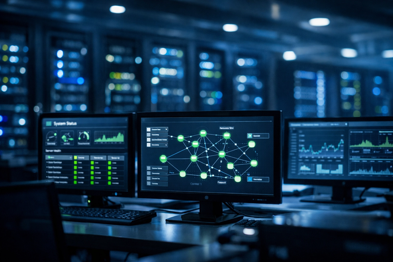 Network operations center with continuous monitoring dashboards for proactive IT management
