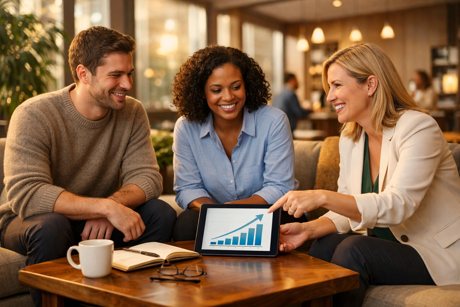 Coworkers in a modern office discussing retirement plan growth via a secure pooled employer plan (PEP).