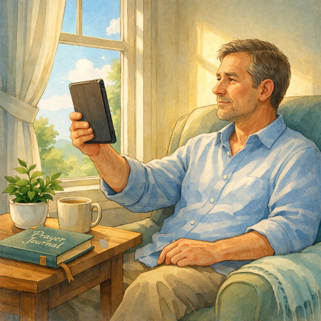 Person peacefully reading news at midday with intentional calm and biblical wisdom