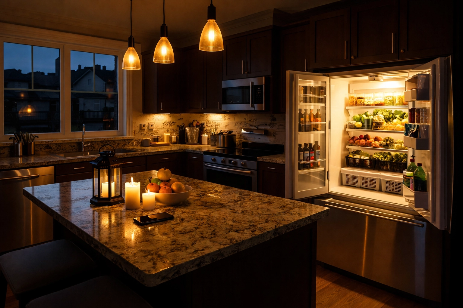 Bright kitchen remains powered during an outage, highlighting benefits of a standby generator for home essentials.
