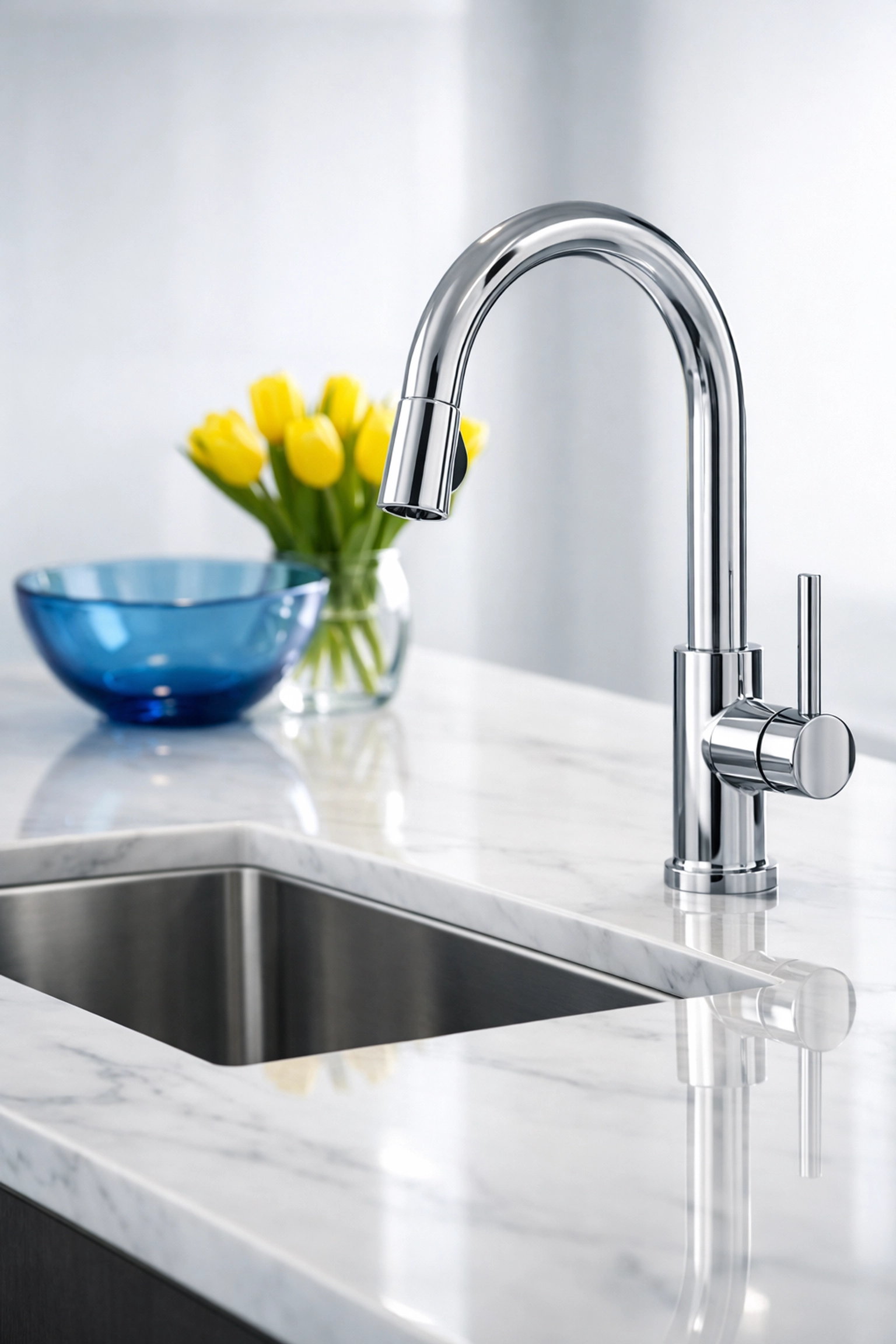 Sparkling clean marble kitchen countertop and faucet in a sanitized Harvard home.