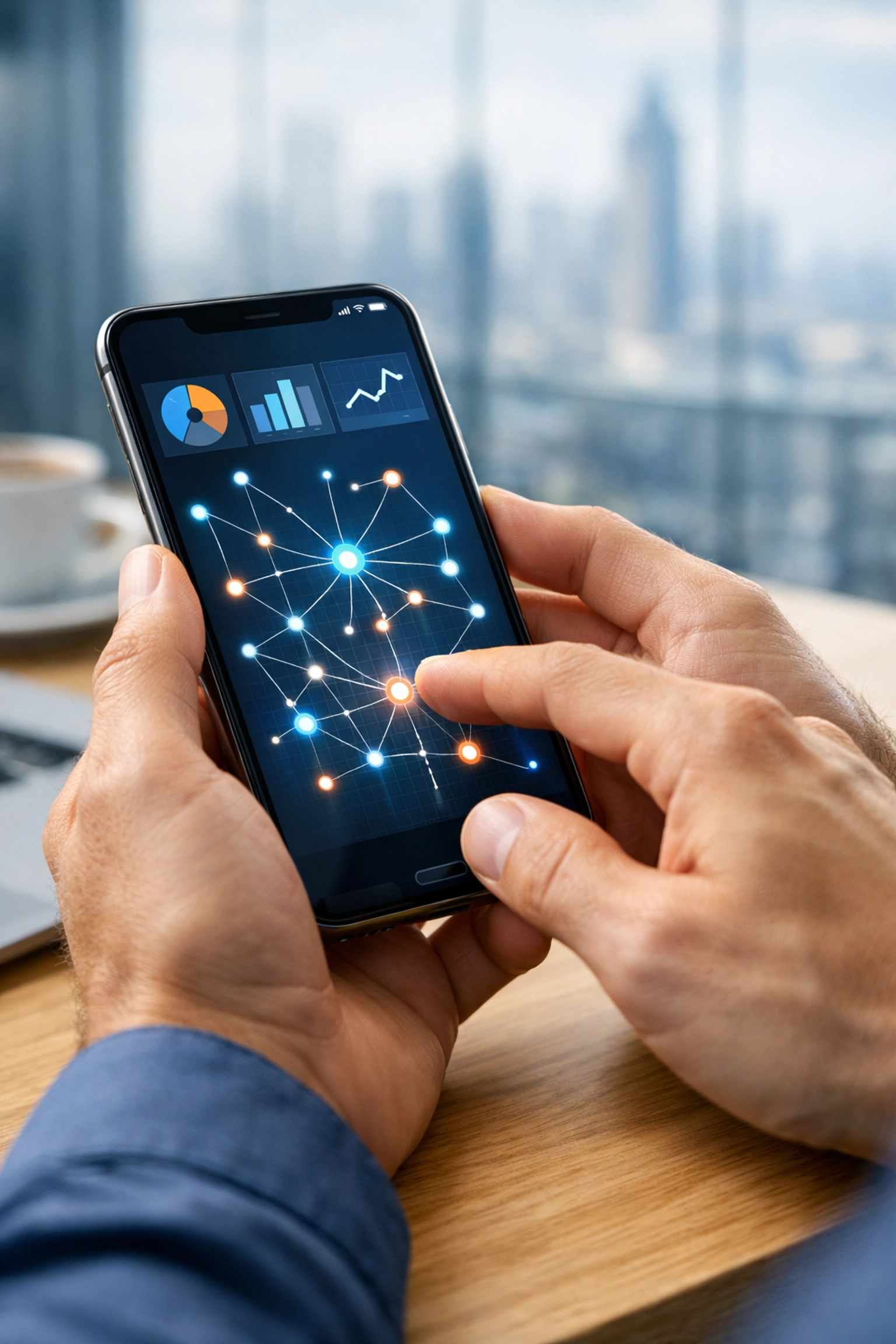 Hands using a smartphone app for real-time sales funnel strategy and data-driven optimization.