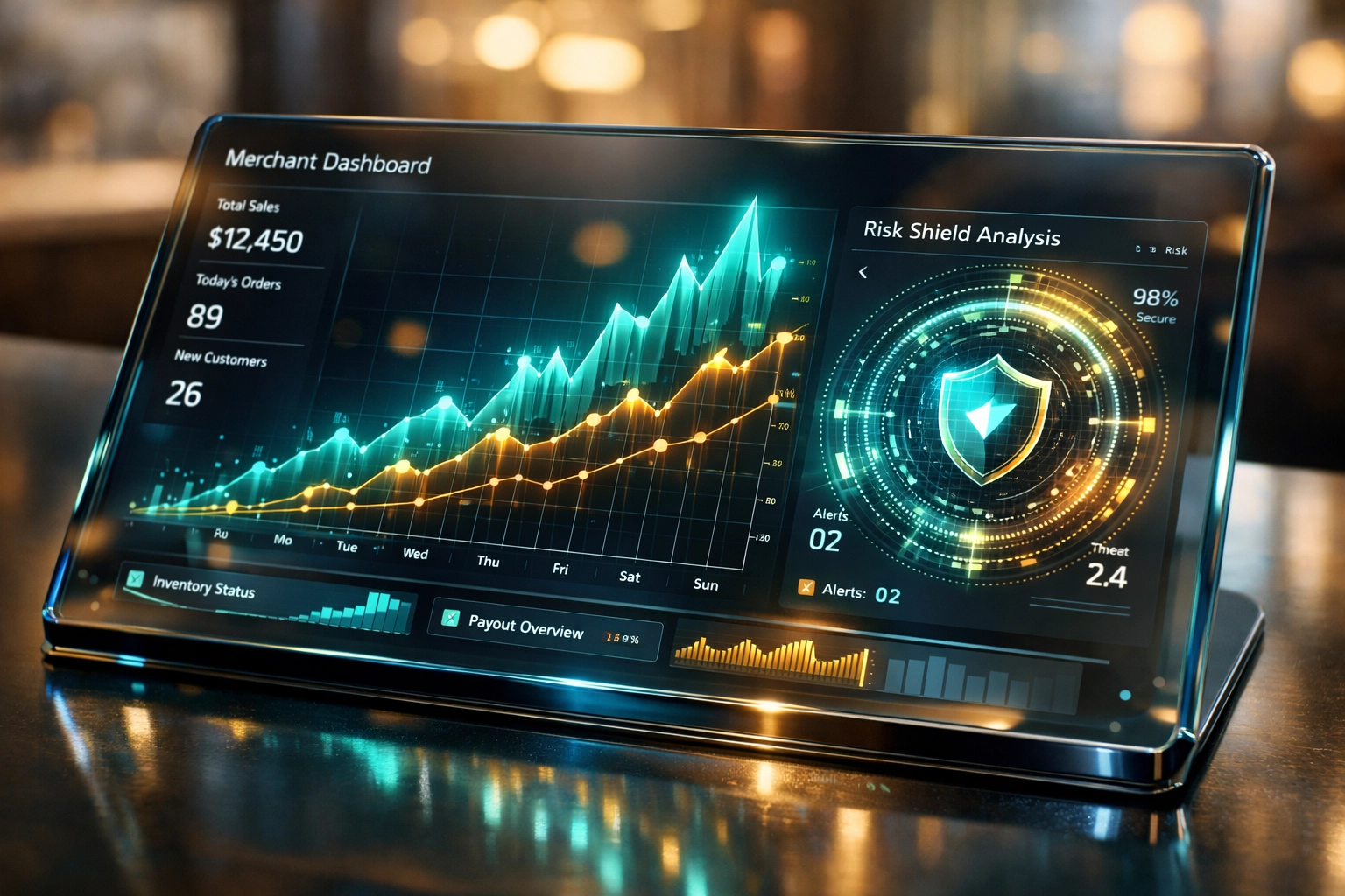 AI-powered merchant analytics dashboard for Larecoin.ai showing predictive sales trends and secure Web3 transaction data.