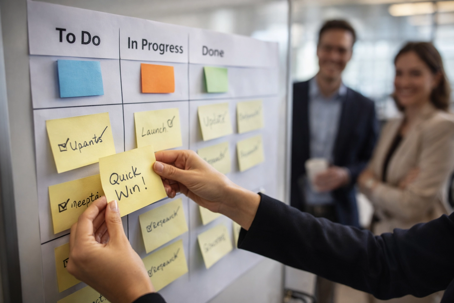 Hands placing the final sticky note on a kanban board milestone wall, representing quick wins and momentum.