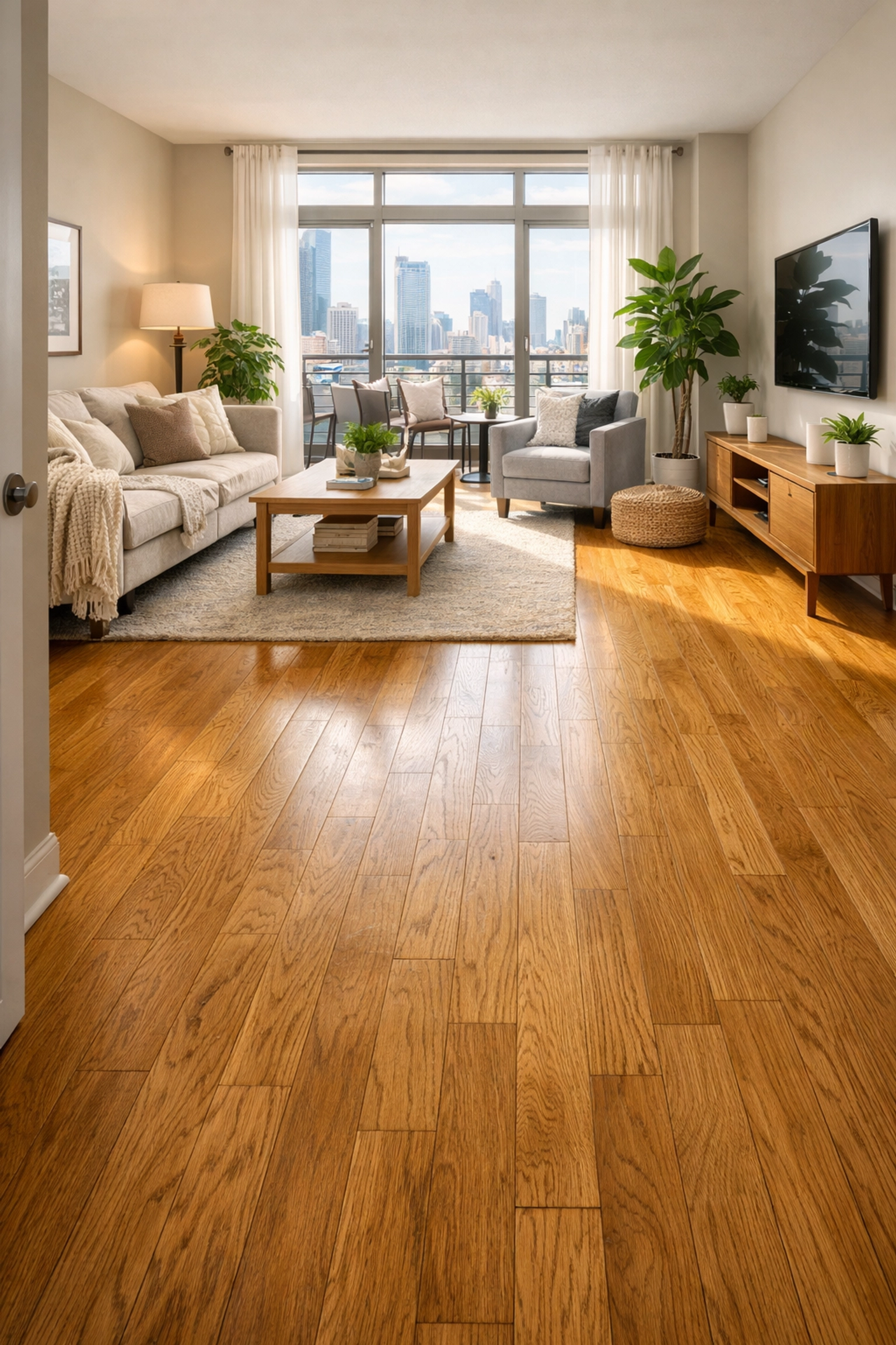 Warm honey oak hardwood floors in modern Chicago living room with natural light