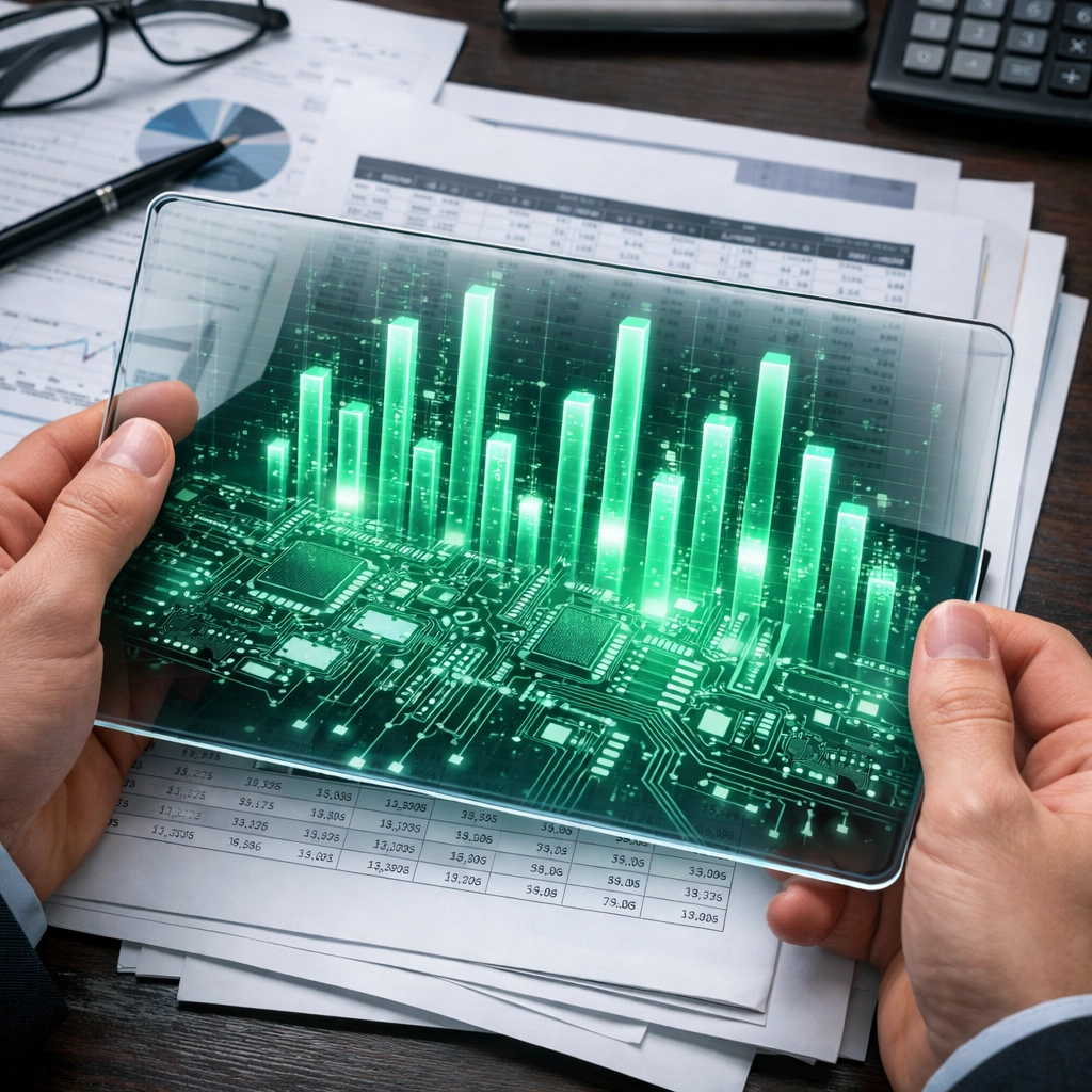 Hands using a tablet to inspect unit economics and financial health during business due diligence.