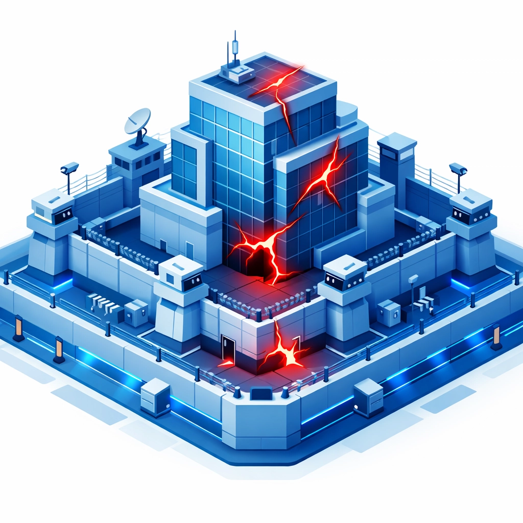 Cybersecurity infrastructure with multiple defense layers showing vulnerability points and single point of failure risks