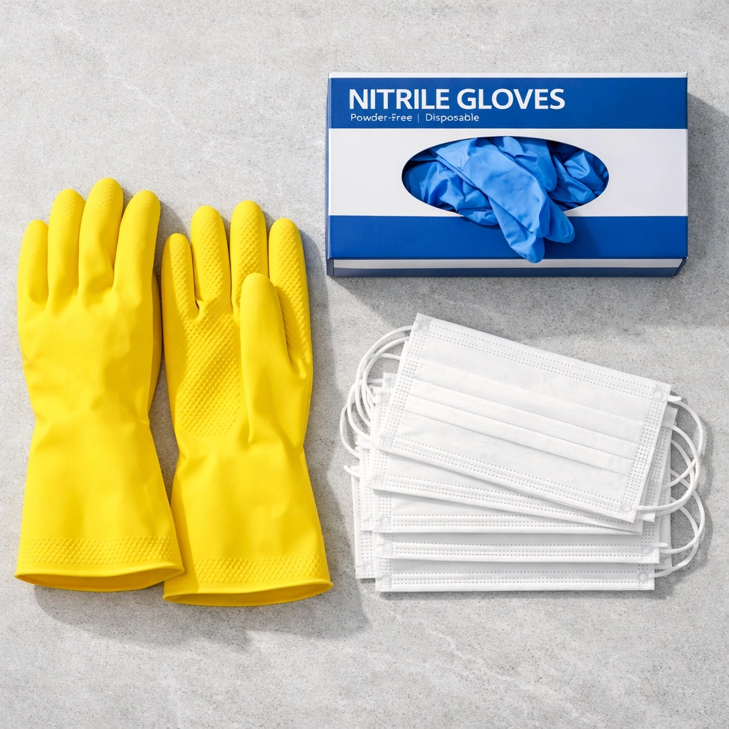 Yellow rubber gloves and protective gear for an emergency cleaning and spill response kit.