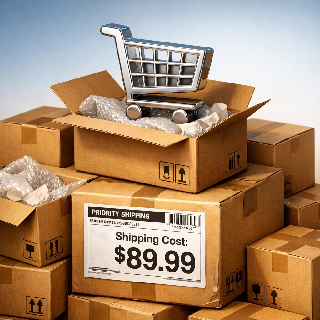 Shipping boxes with high-cost delivery labels showing hidden fees that reduce online shopping savings