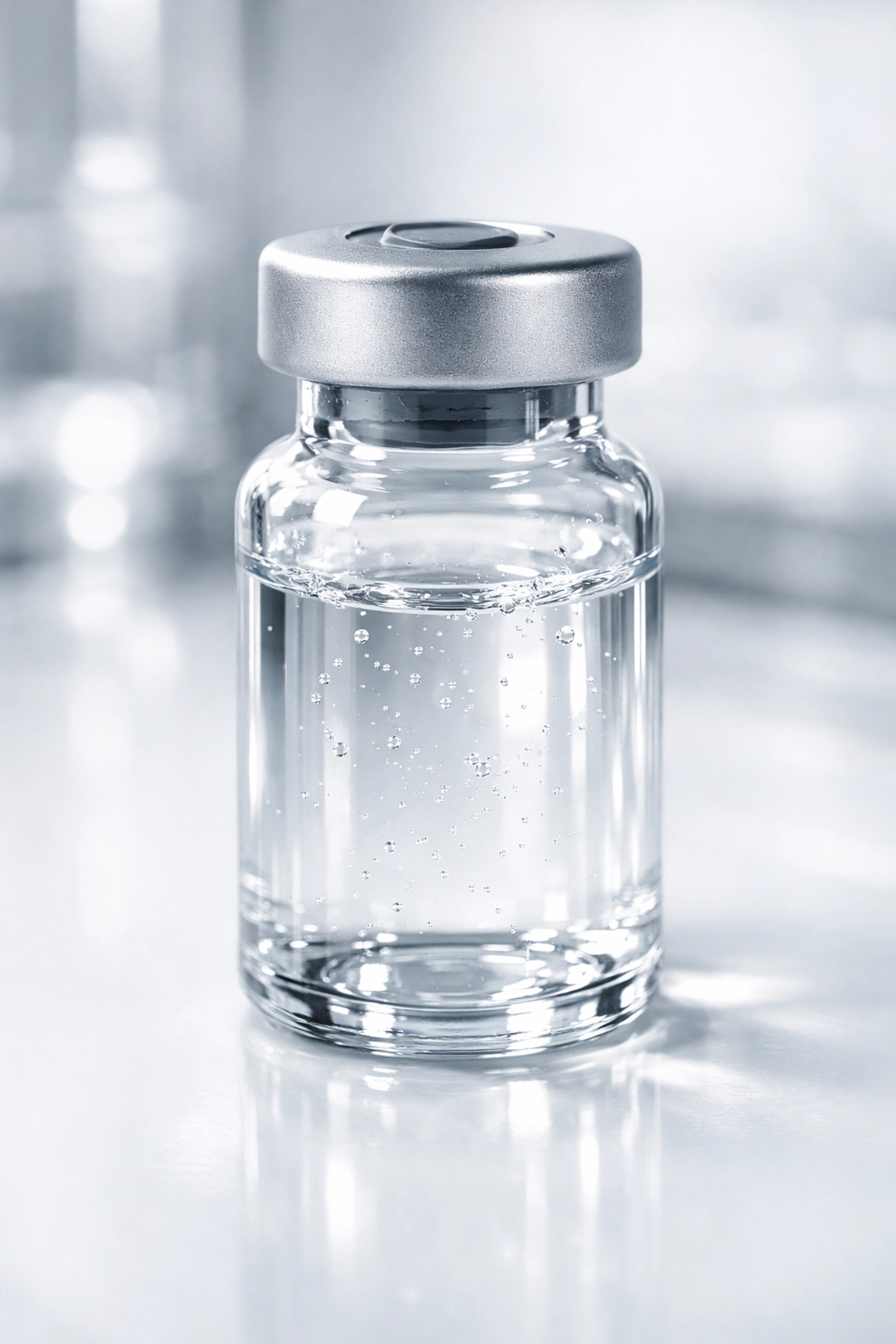 A sterile glass vial of high-purity bacteriostatic water for peptide reconstitution in a clinical setting.
