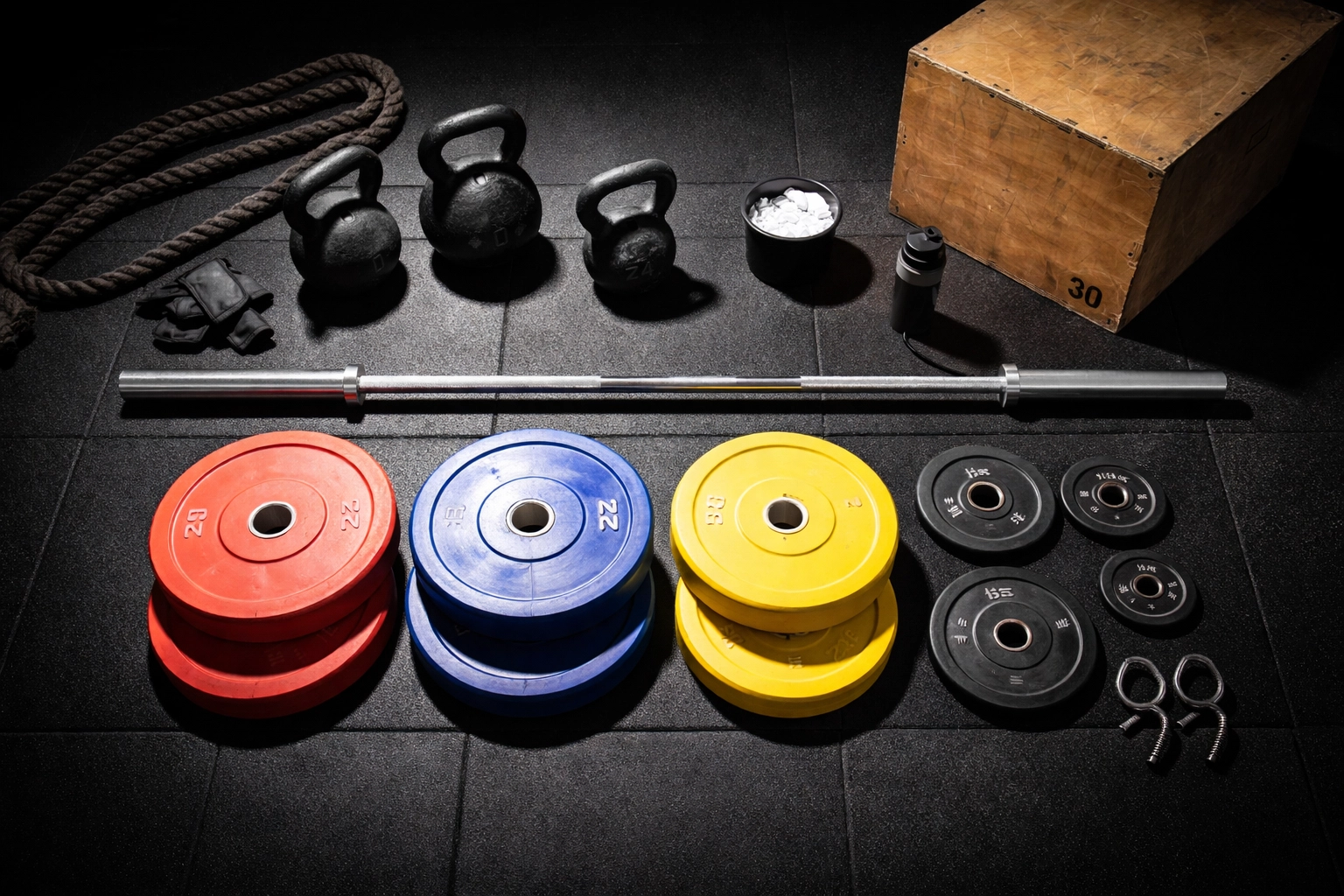 Overhead view of CrossFit home gym equipment like barbell, bumper plates, kettlebells, and plyo box on rubber mat