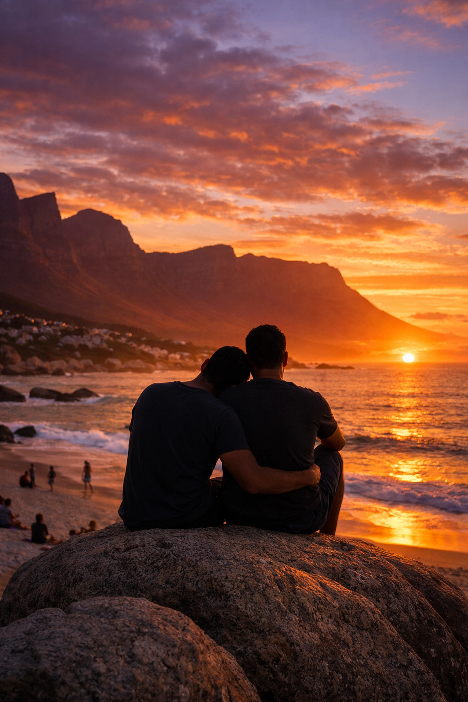 Gay couple watching sunset over Atlantic from Clifton 3rd Beach, Cape Town