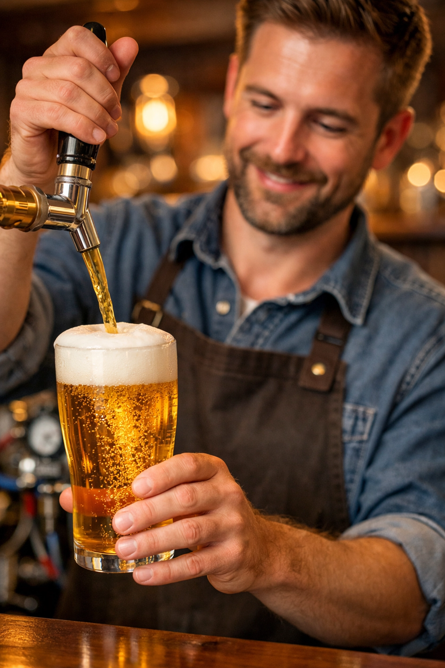 A bartender pouring a crisp lager with perfect carbonation using professional 60/40 beer gas.