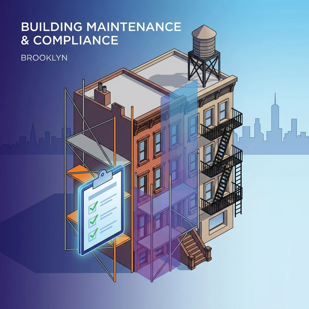 Building maintenance themes with Brooklyn brownstone, scaffolding, and NYC compliance icons highlighting property management needs