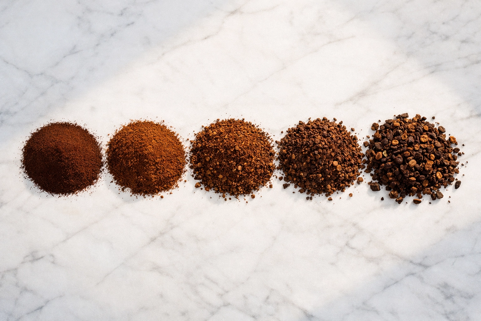 Coffee grind sizes ranging from fine espresso powder to coarse French press grounds displayed in gradient