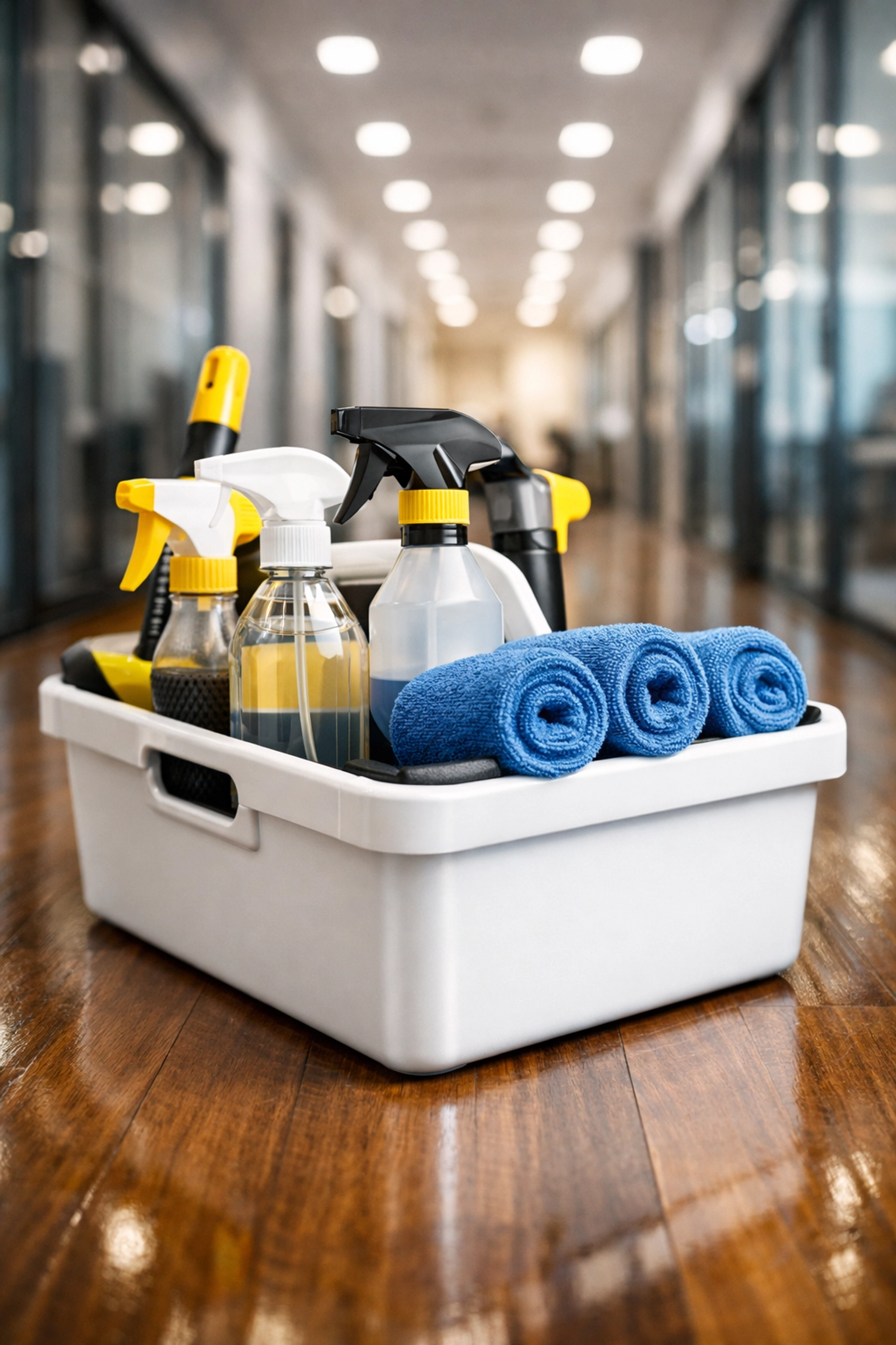 Professional cleaning supplies and caddy ready for a meticulous Office Cleaning Holliston session.